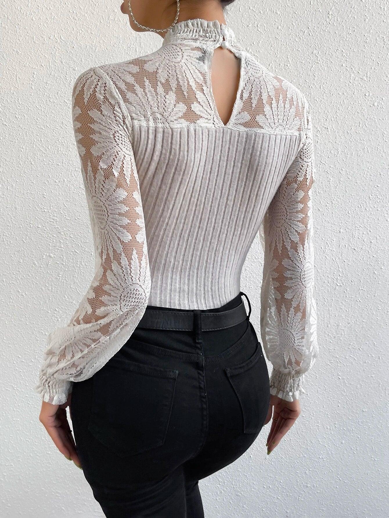 Contrast Lace Long Sleeved Bodysuit-Comfy Jumpsuits