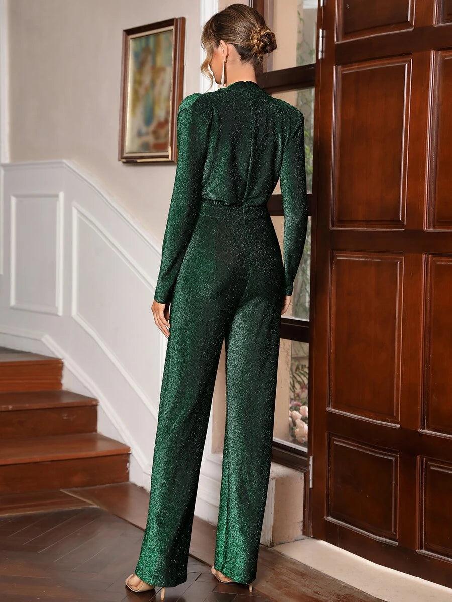 Shiny Velvet Draped Collar Glitter Jumpsuit-Comfy Jumpsuits