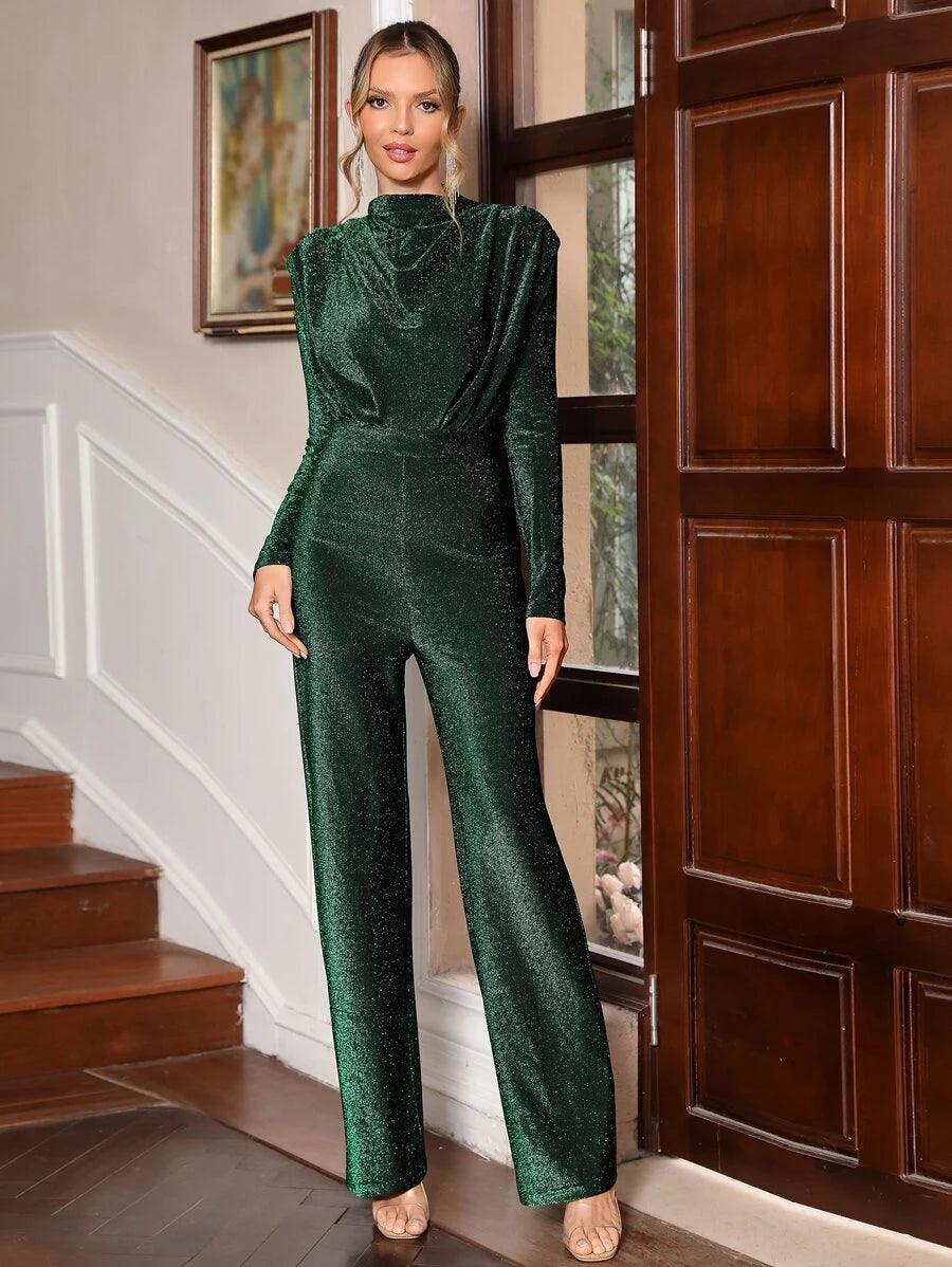 Shiny Velvet Draped Collar Glitter Jumpsuit-Comfy Jumpsuits