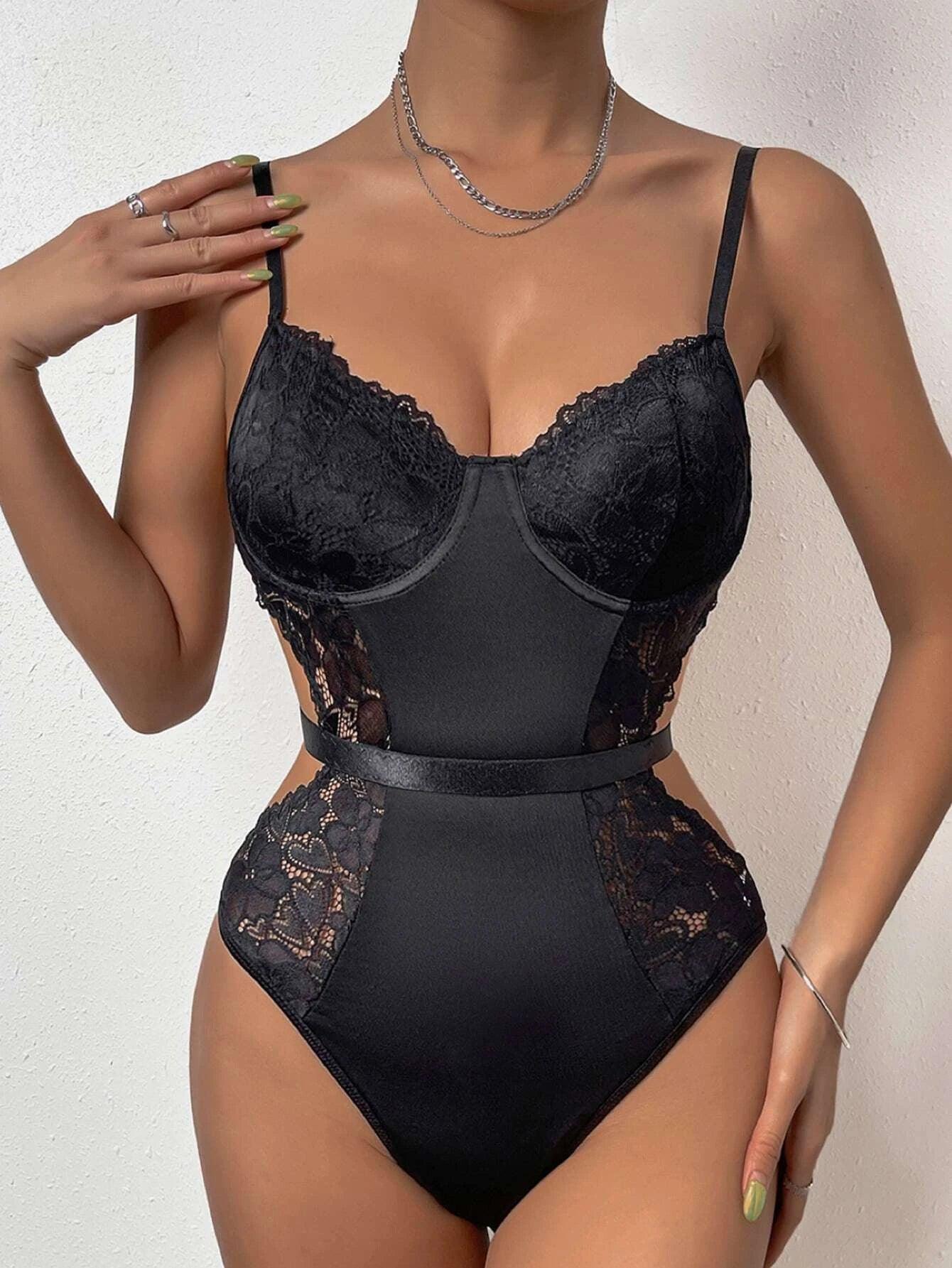 Contrasted Lace Cami Bodysuit-Comfy Jumpsuits