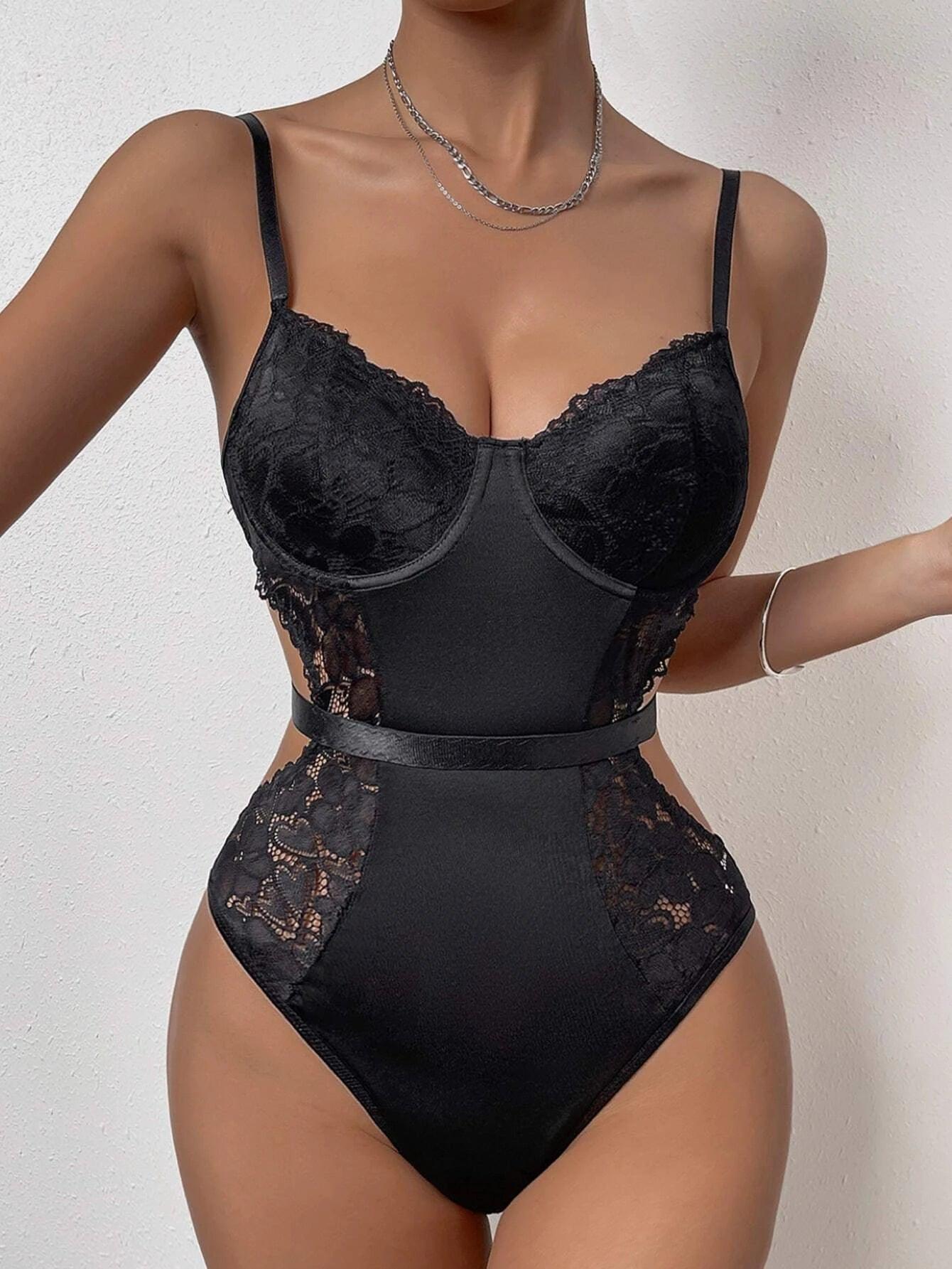 Contrasted Lace Cami Bodysuit-Comfy Jumpsuits