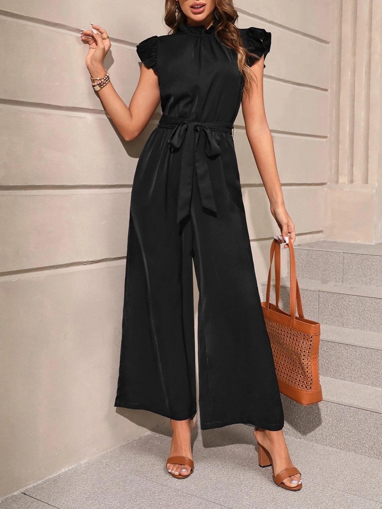 Butterfly Sleeve Slant Pocket Belted Wide Leg Jumpsuit-Comfy Jumpsuits