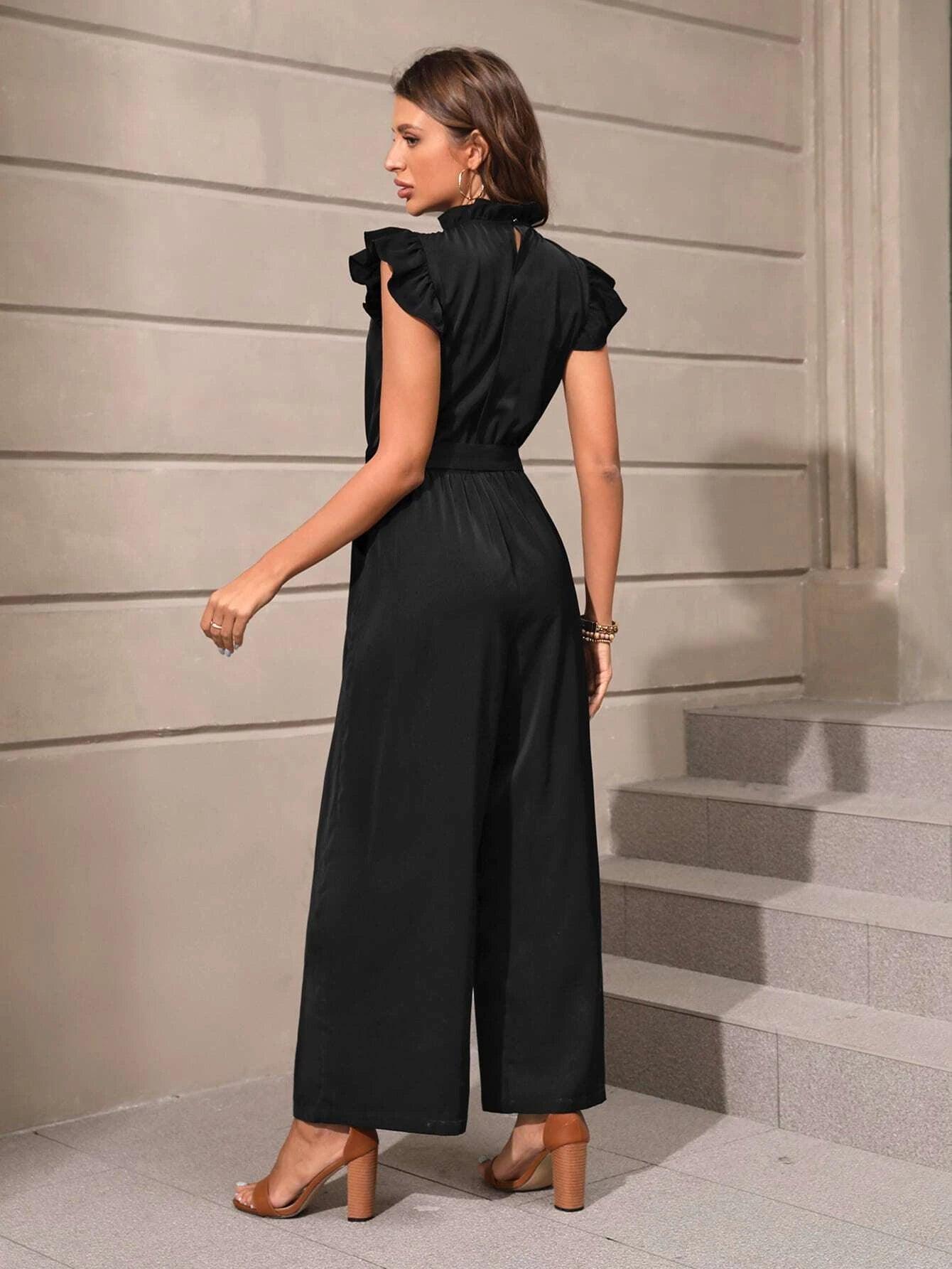 Butterfly Sleeve Slant Pocket Belted Wide Leg Jumpsuit-Comfy Jumpsuits