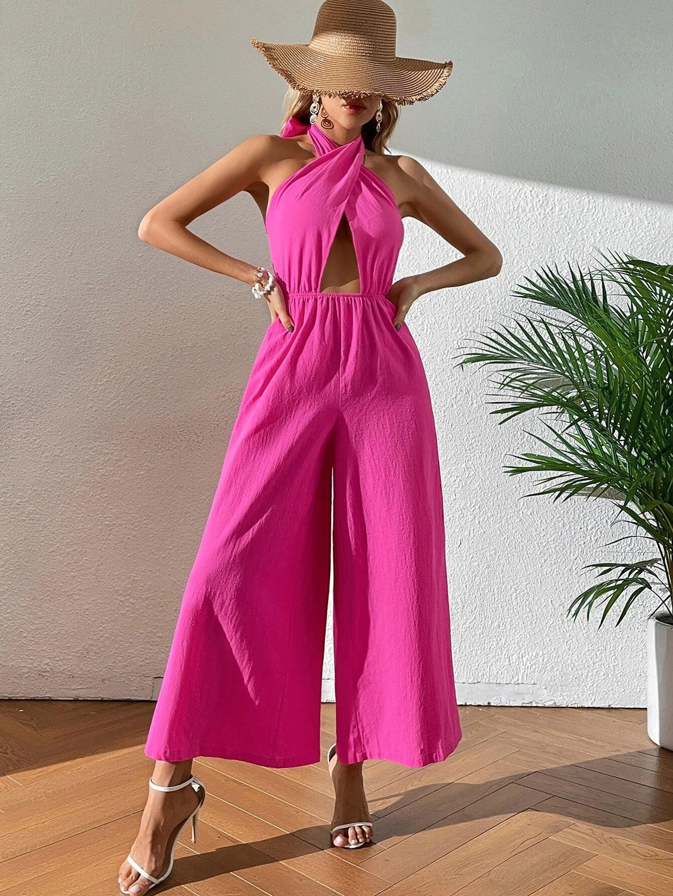 Halter Neck Backless Jumpsuit-Comfy Jumpsuits