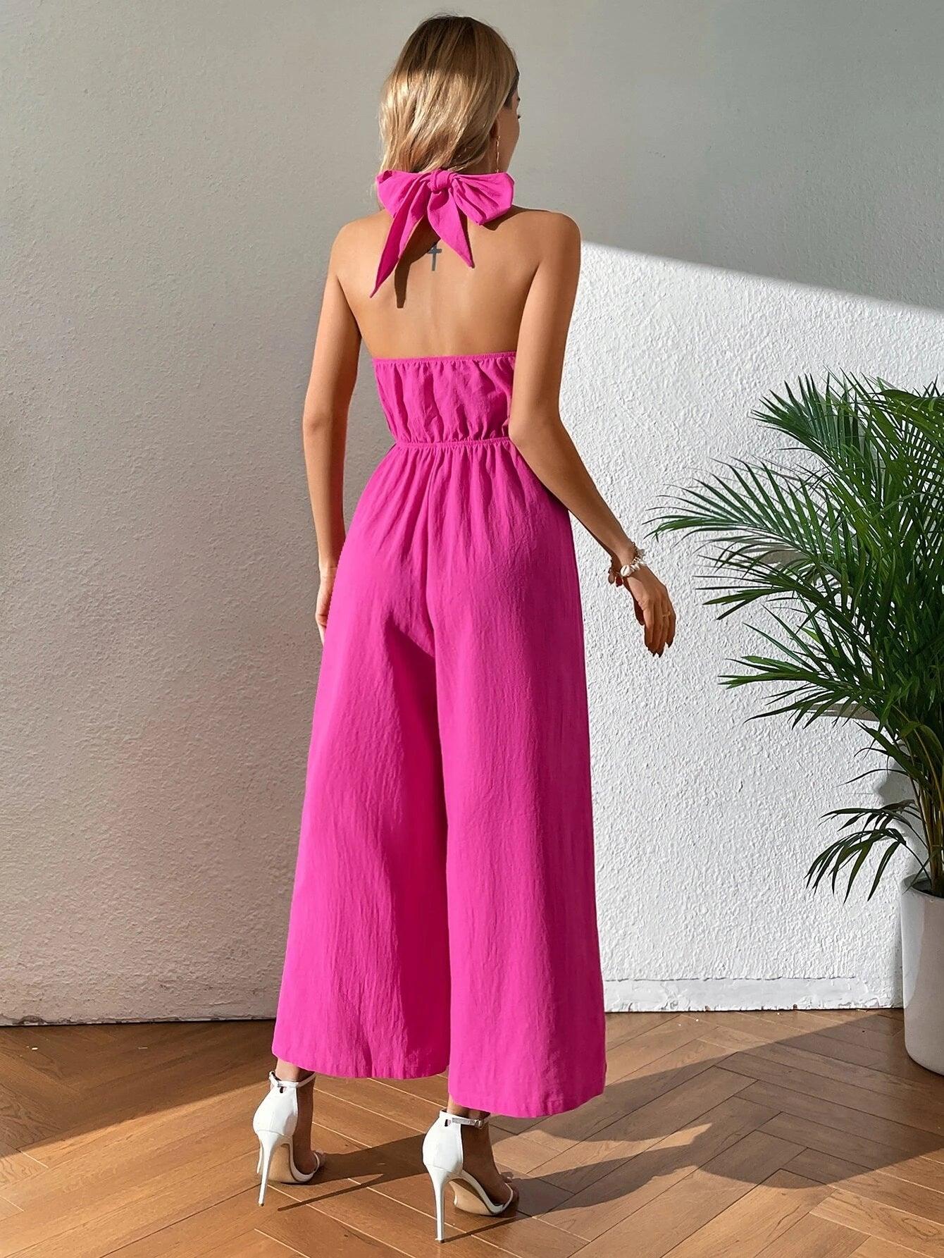 Halter Neck Backless Jumpsuit-Comfy Jumpsuits