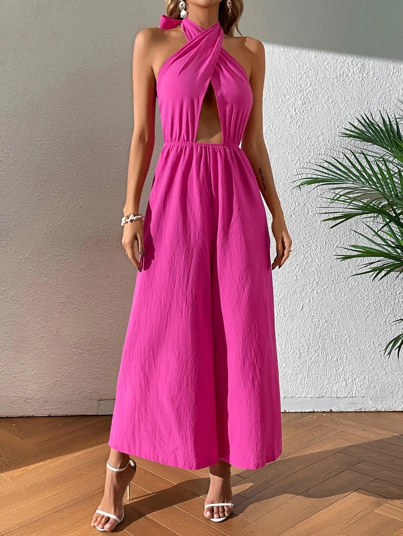 Halter Neck Backless Jumpsuit-Comfy Jumpsuits