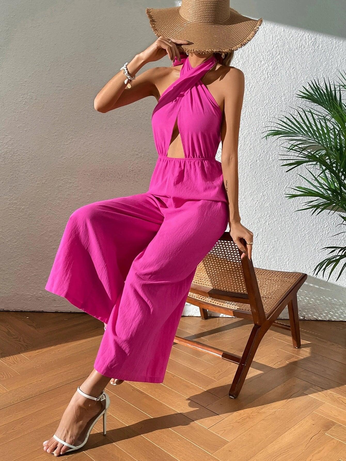 Halter Neck Backless Jumpsuit-Comfy Jumpsuits