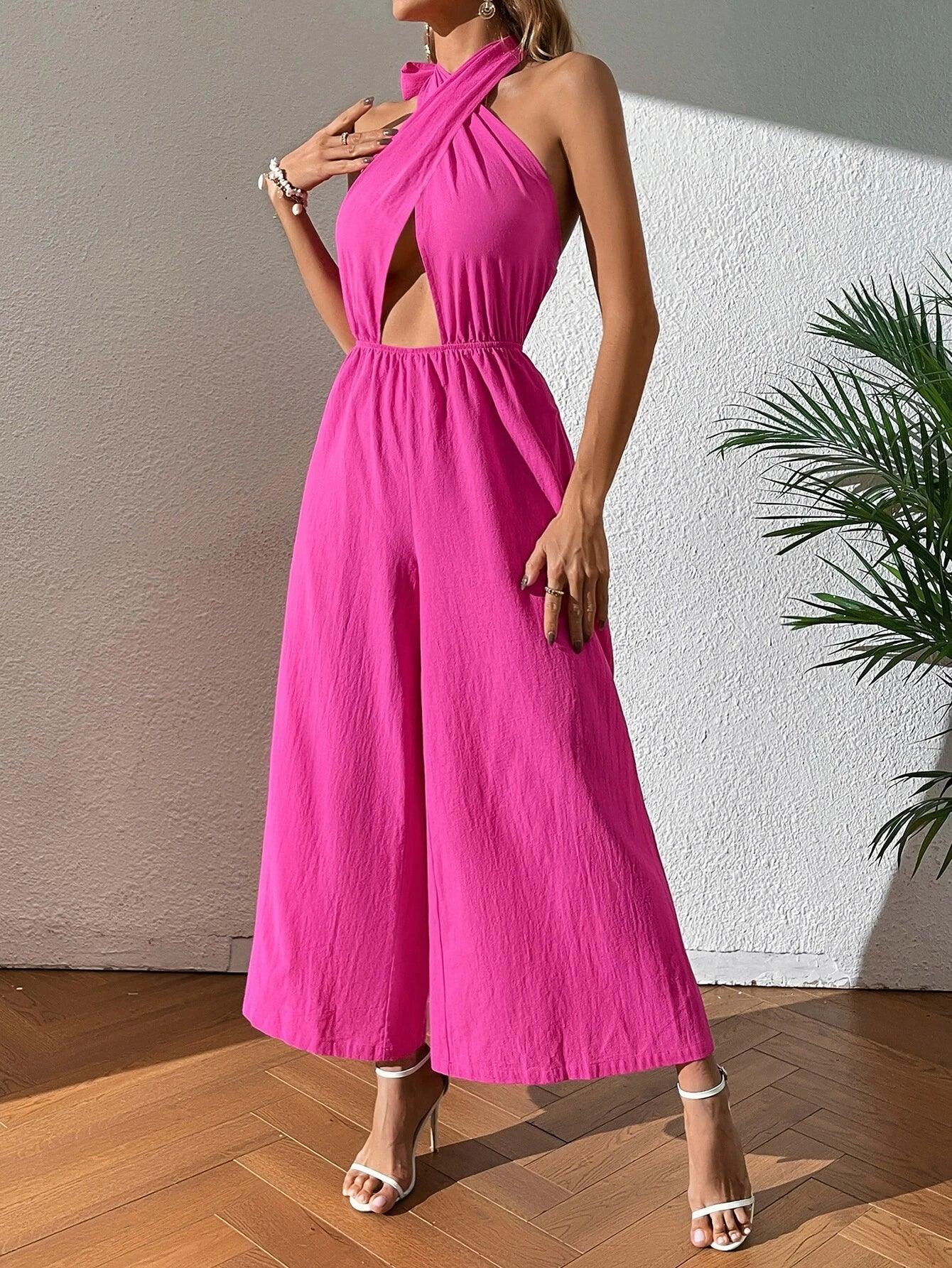Halter Neck Backless Jumpsuit-Comfy Jumpsuits