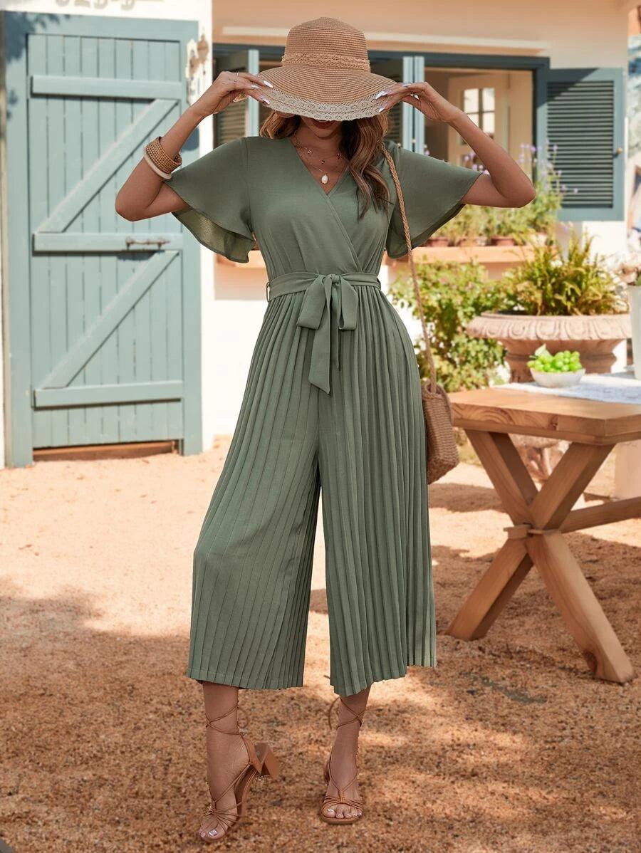 Butterfly Sleeve Pleated Belted Jumpsuit-Comfy Jumpsuits