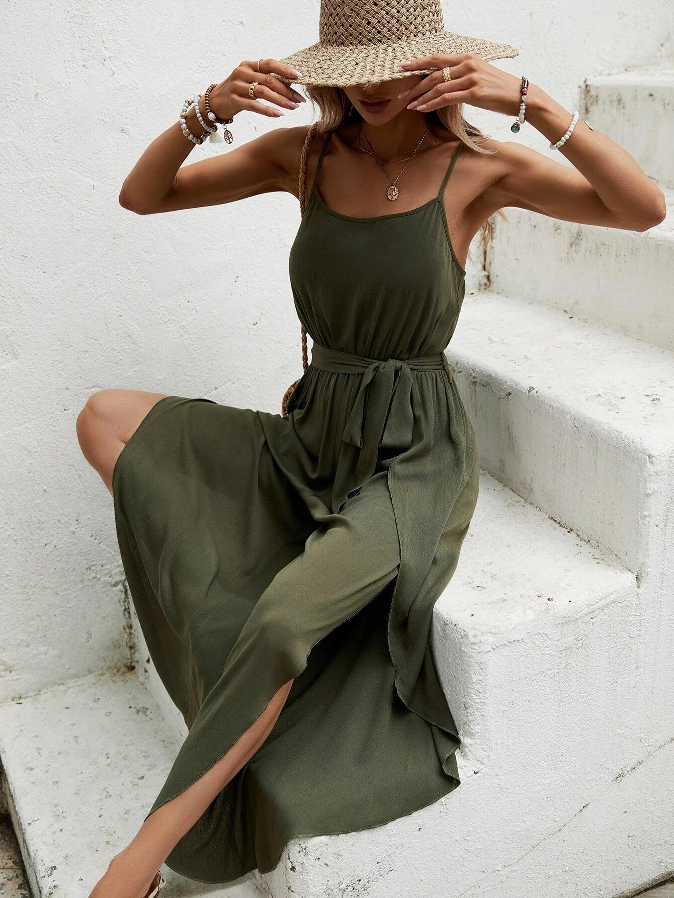 Split Bottom Belted Cami Jumpsuit-Comfy Jumpsuits