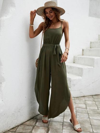 Split Bottom Belted Cami Jumpsuit-Comfy Jumpsuits
