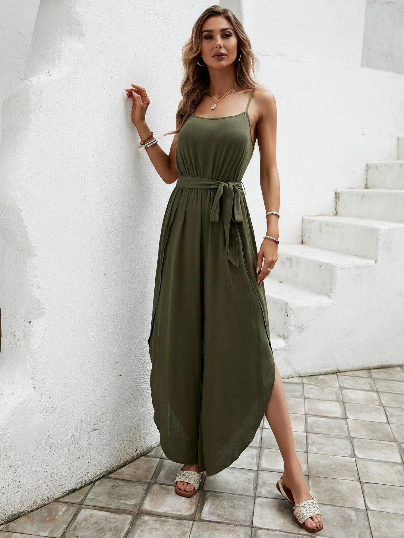 Split Bottom Belted Cami Jumpsuit-Comfy Jumpsuits