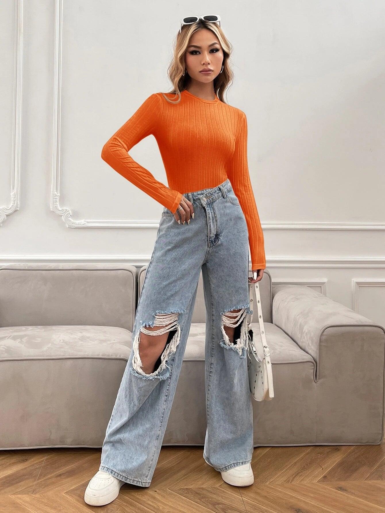 Solid Colored Ribbed Knit Bodysuit-Comfy Jumpsuits