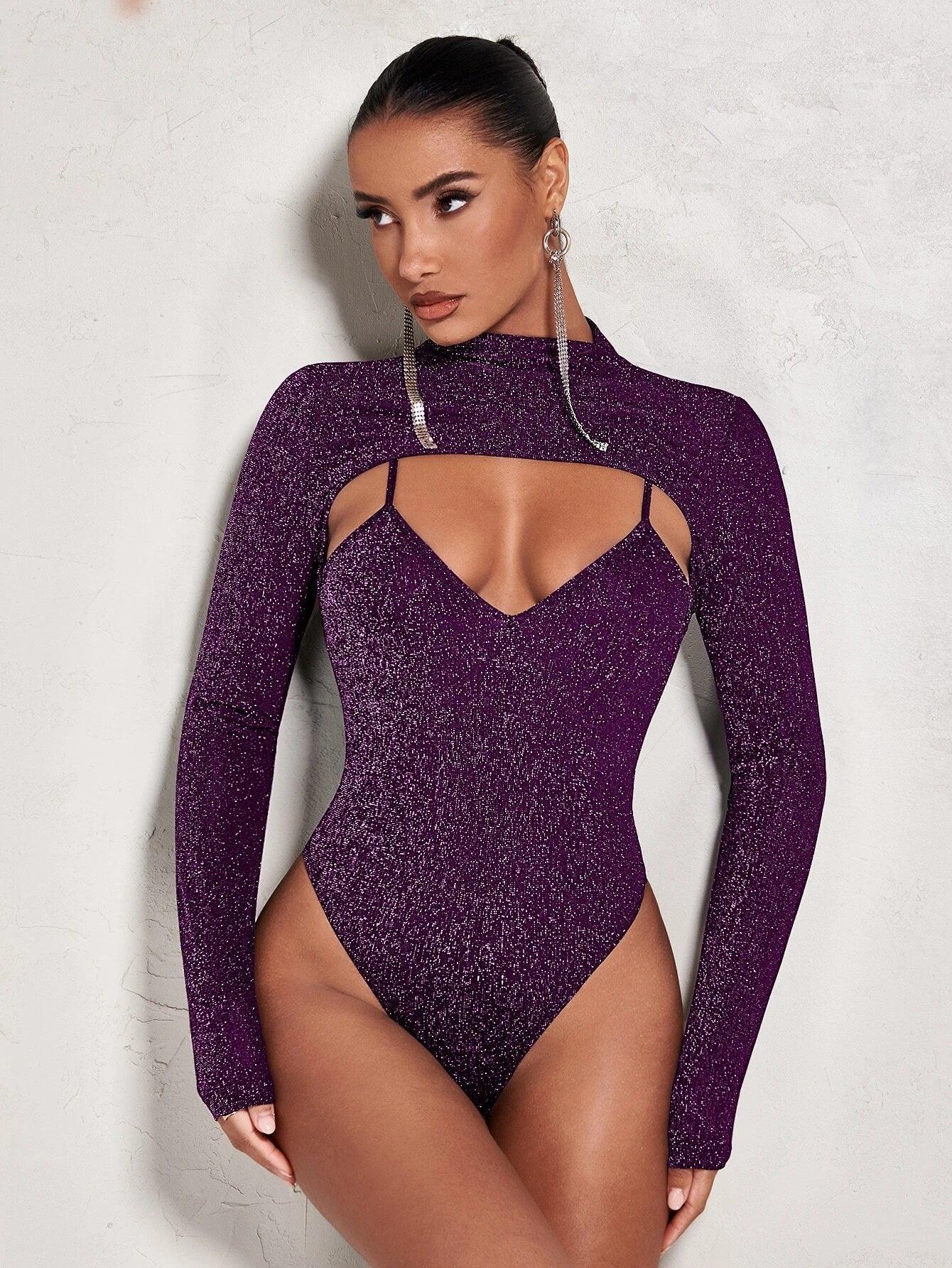 Long Sleeve Front Glitter Bodysuit-Comfy Jumpsuits