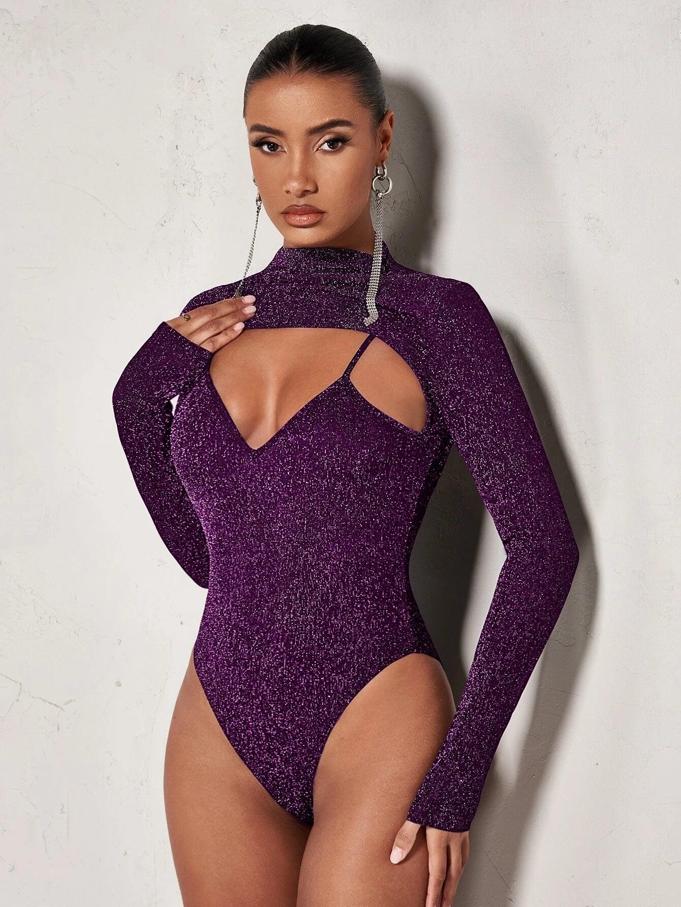Long Sleeve Front Glitter Bodysuit-Comfy Jumpsuits