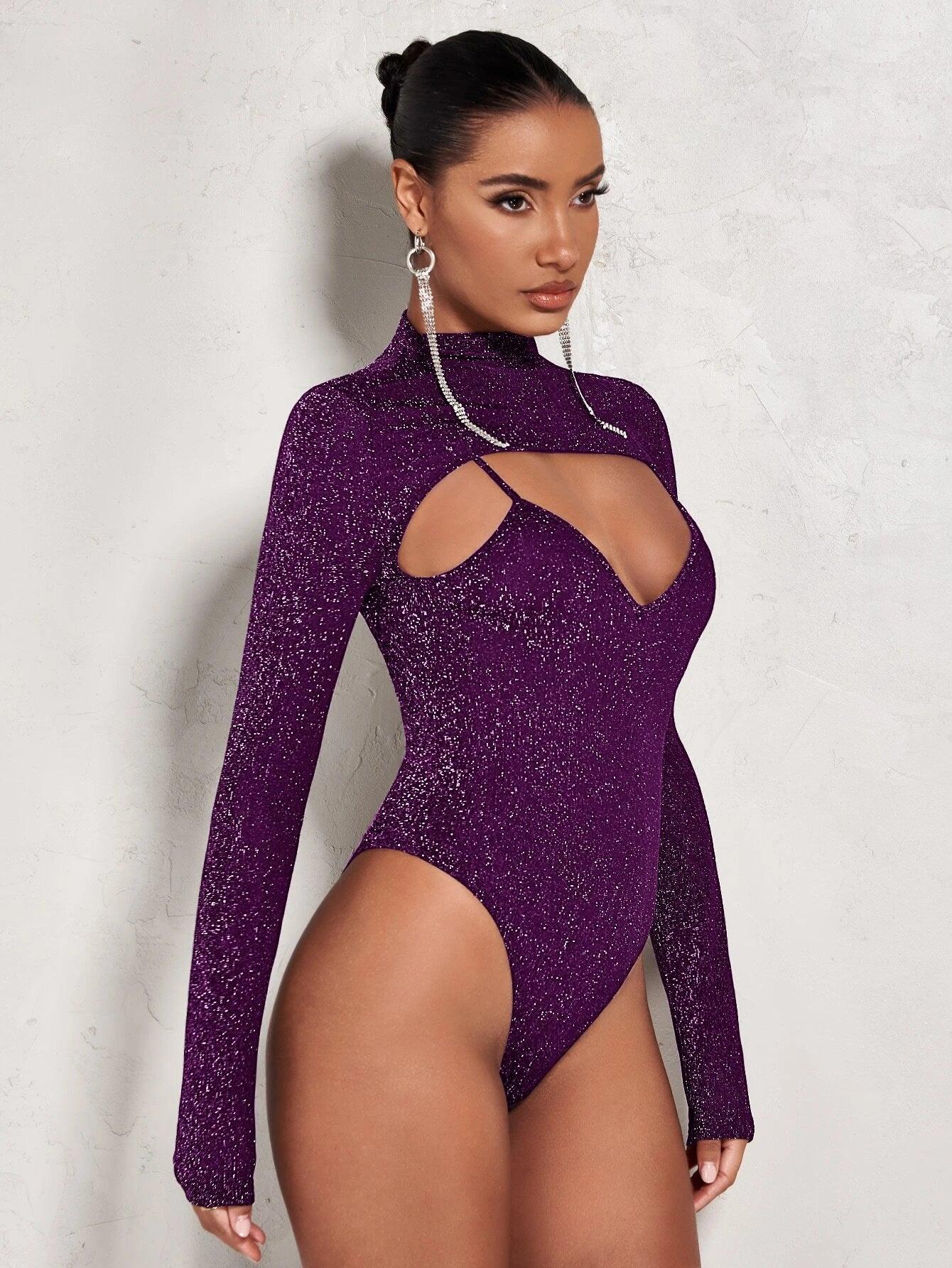 Long Sleeve Front Glitter Bodysuit-Comfy Jumpsuits
