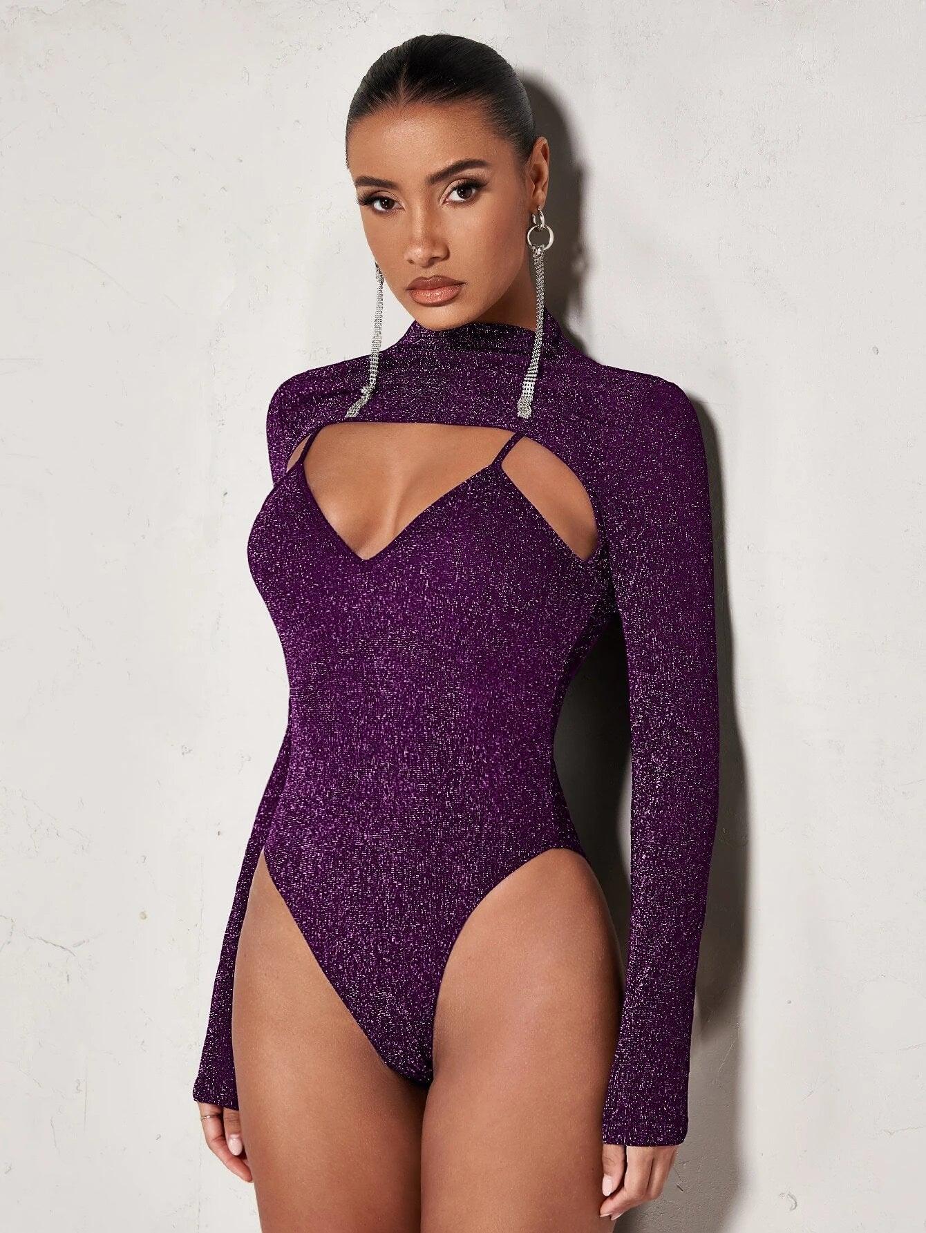 Long Sleeve Front Glitter Bodysuit-Comfy Jumpsuits