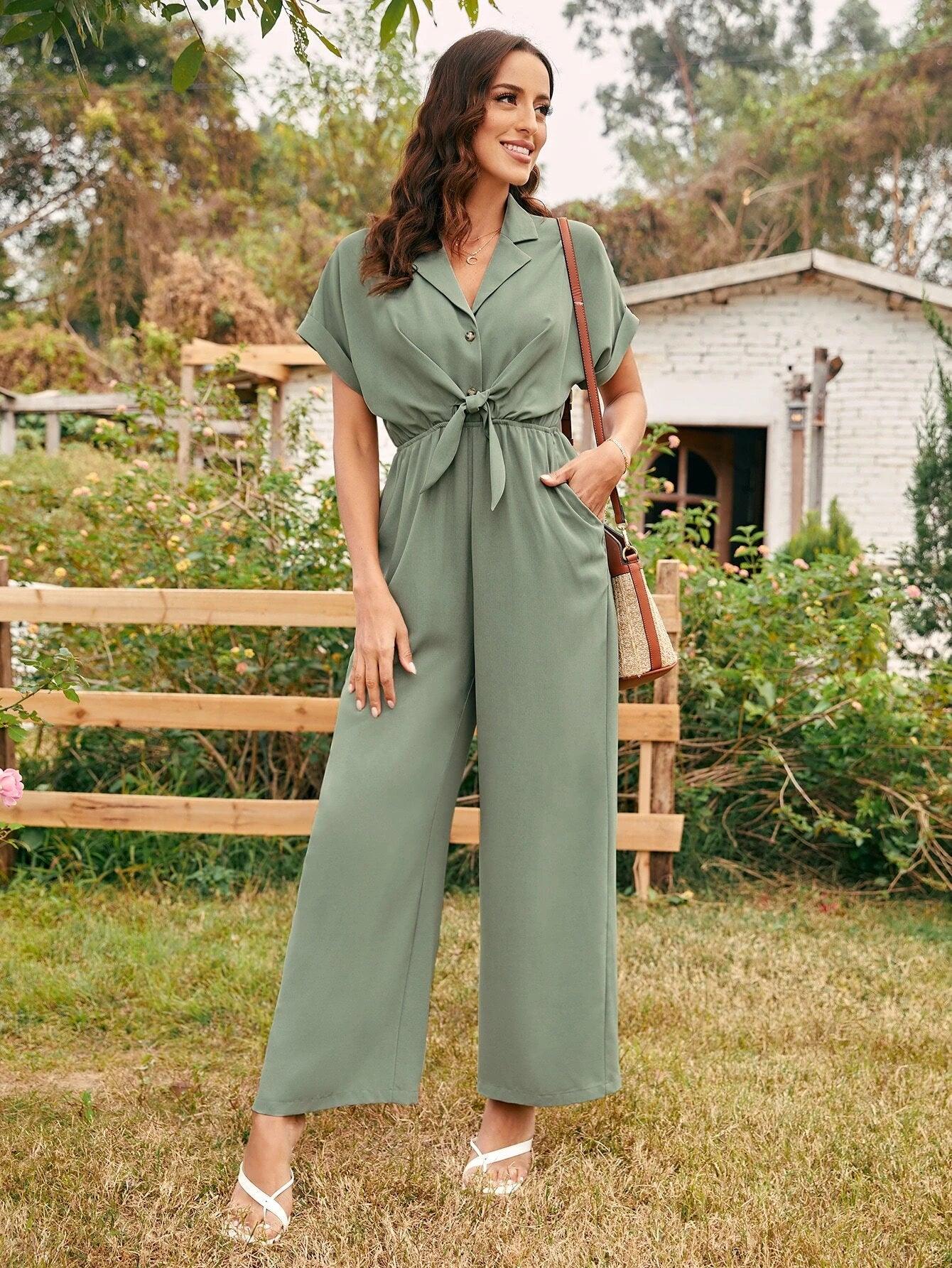 Lapel Collar Belted Wide Leg Jumpsuit-Comfy Jumpsuits