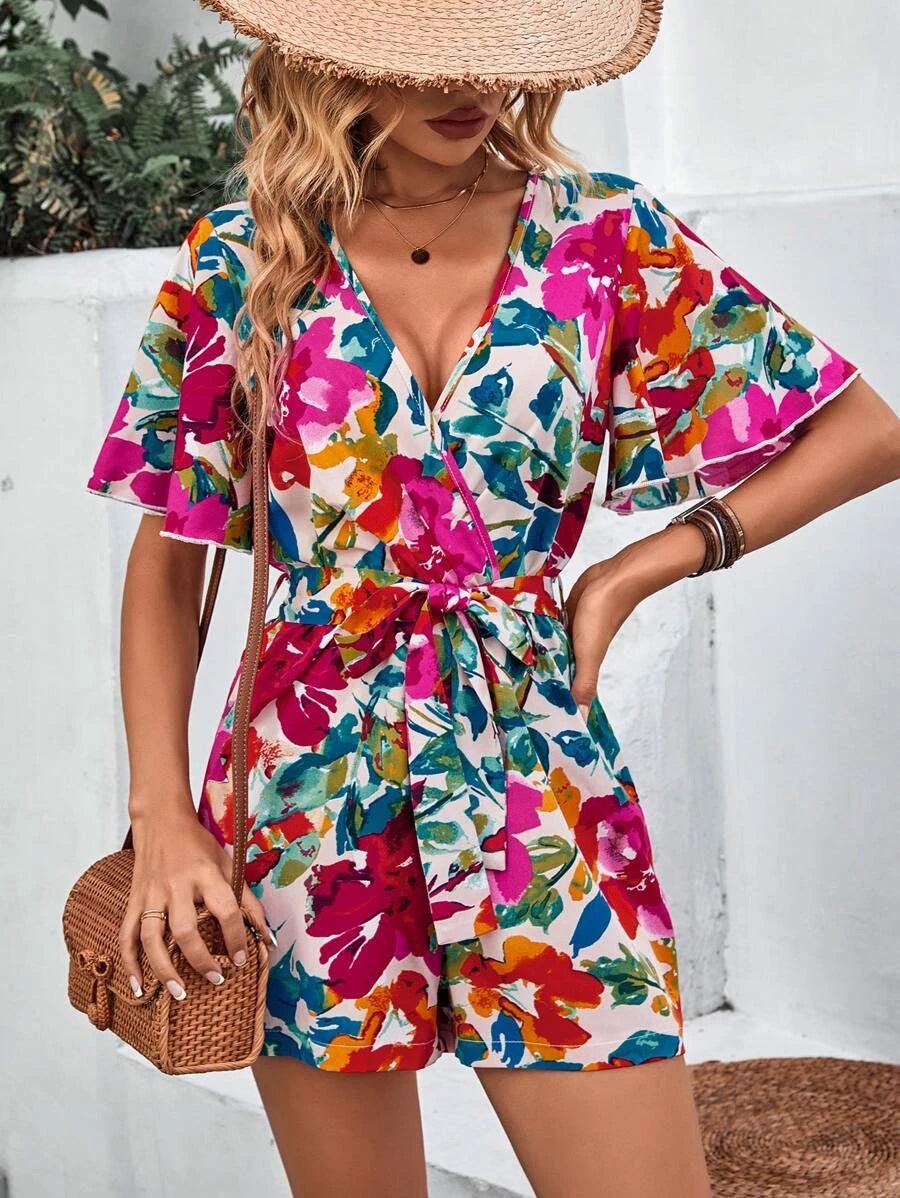 Floral Print Butterfly Sleeve Belt Romper-Comfy Jumpsuits