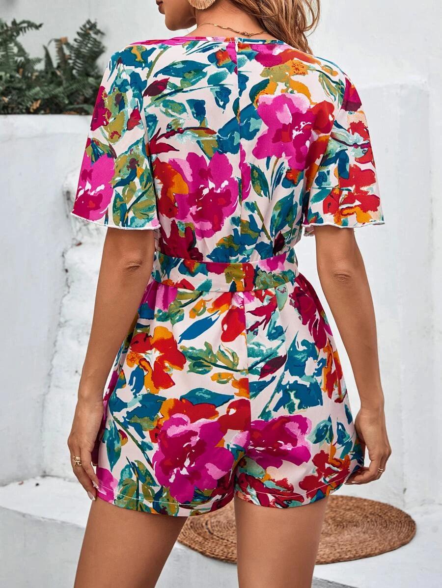 Floral Print Butterfly Sleeve Belt Romper-Comfy Jumpsuits
