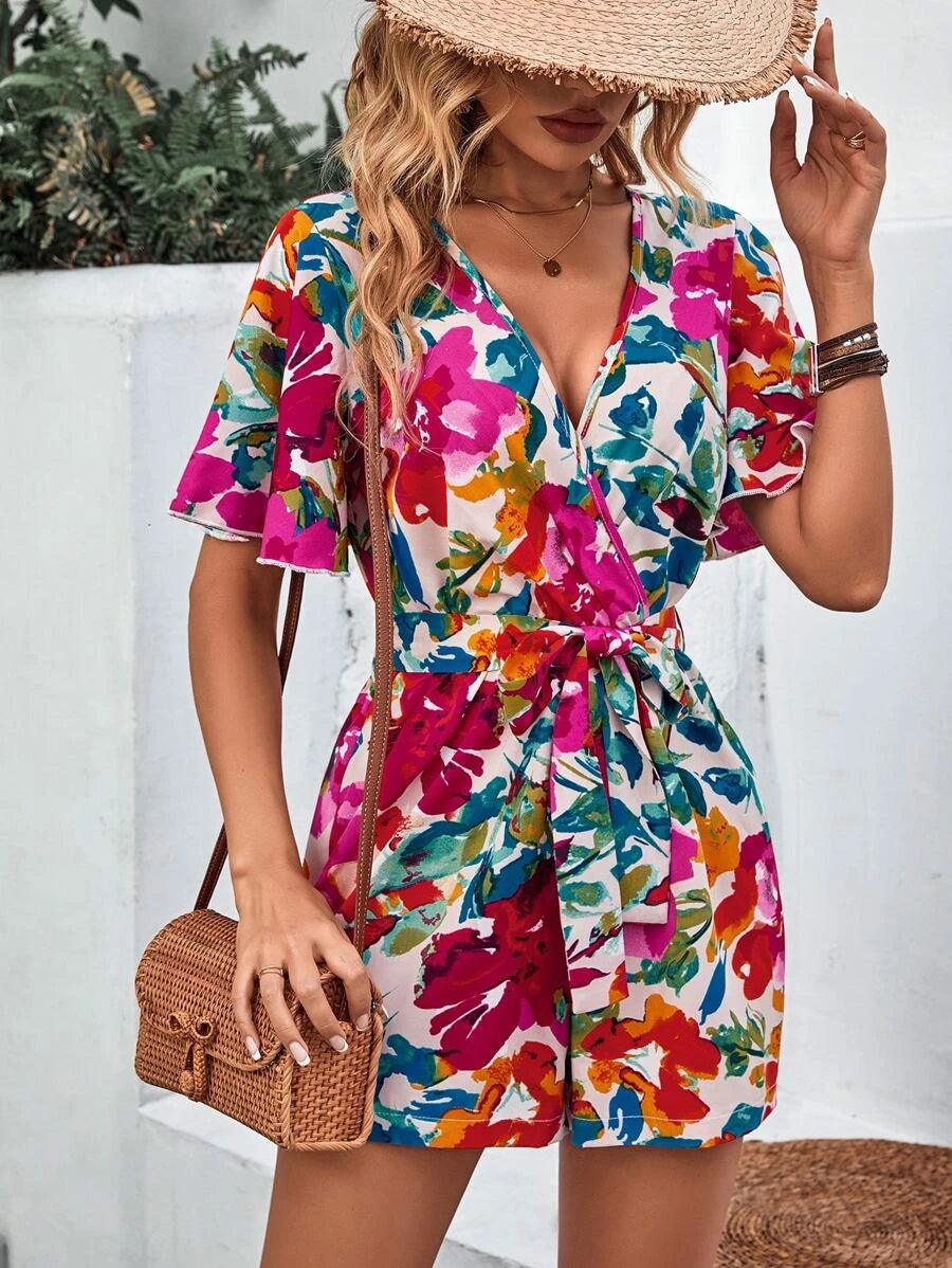 Floral Print Butterfly Sleeve Belt Romper-Comfy Jumpsuits