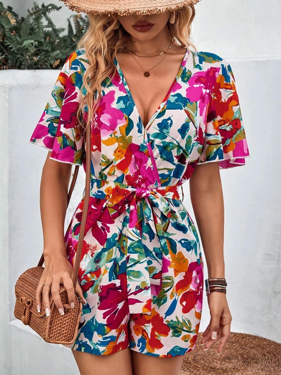 Floral Print Butterfly Sleeve Belt Romper-Comfy Jumpsuits