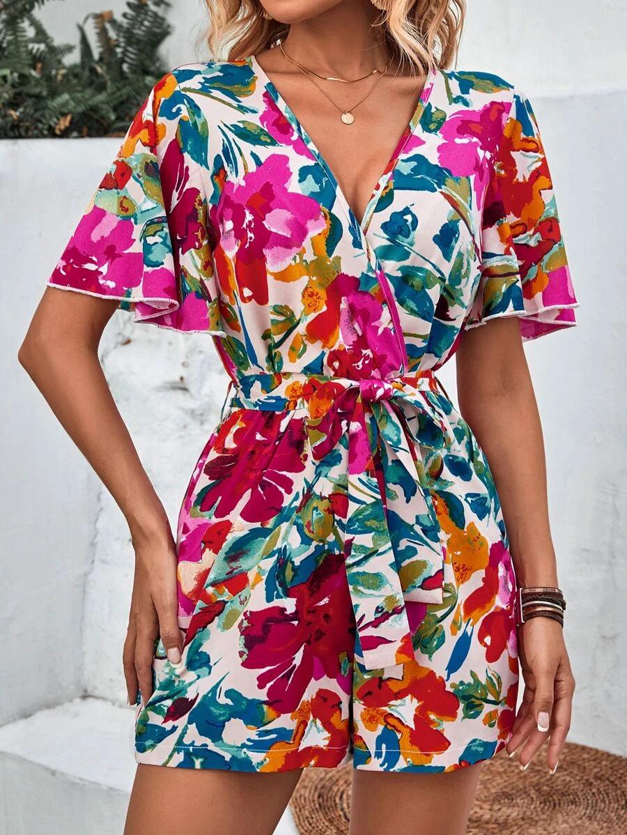 Floral Print Butterfly Sleeve Belt Romper-Comfy Jumpsuits