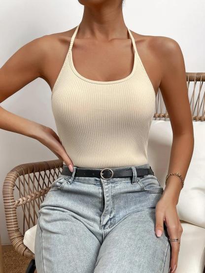 Plain Halter Neck Backless Bodysuit-Comfy Jumpsuits