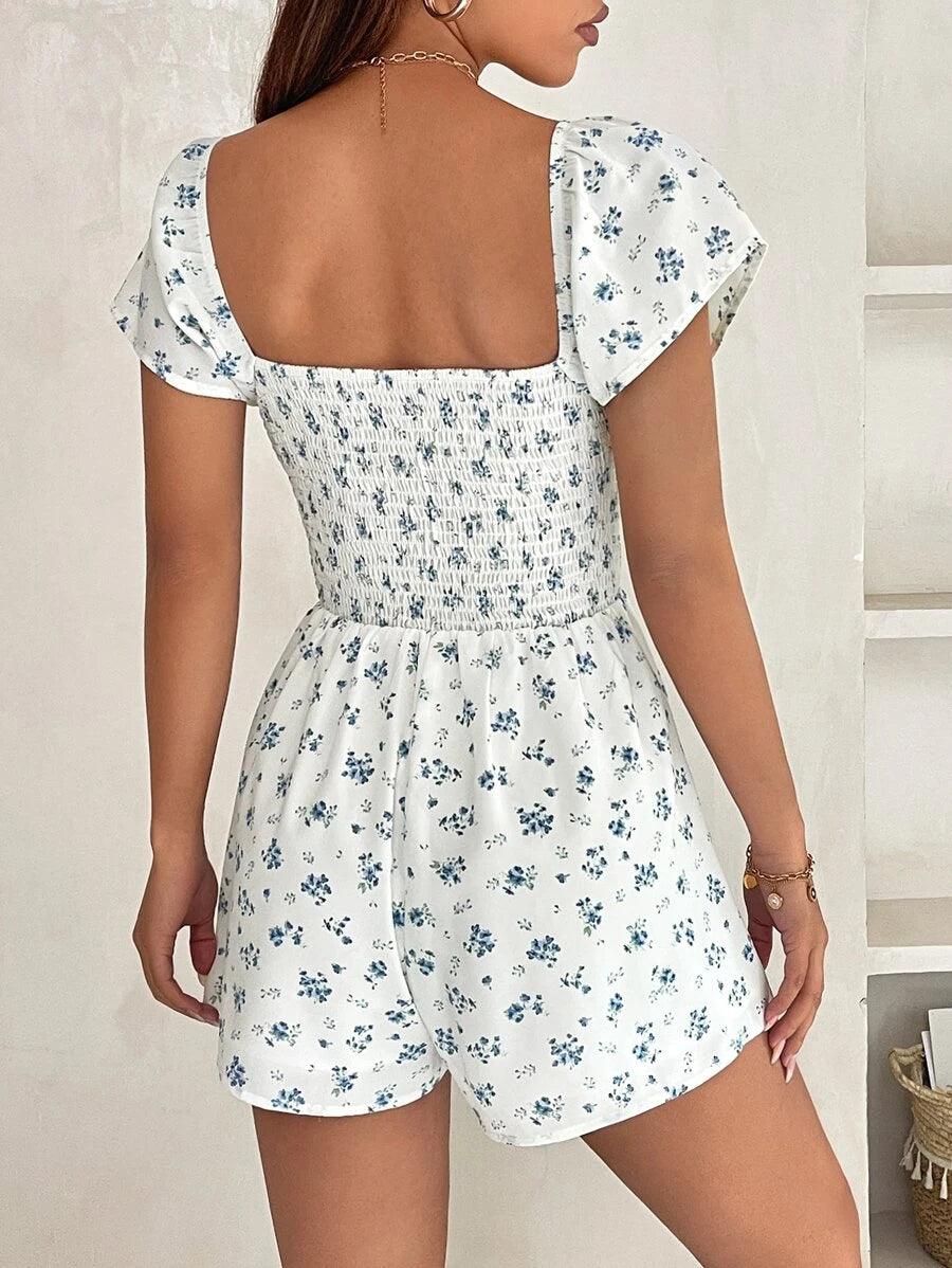 Floral Print Knot Front Puff Sleeve Romper-Comfy Jumpsuits