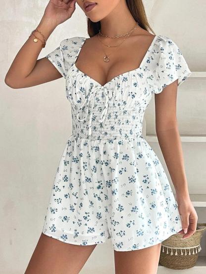 Floral Print Knot Front Puff Sleeve Romper-Comfy Jumpsuits