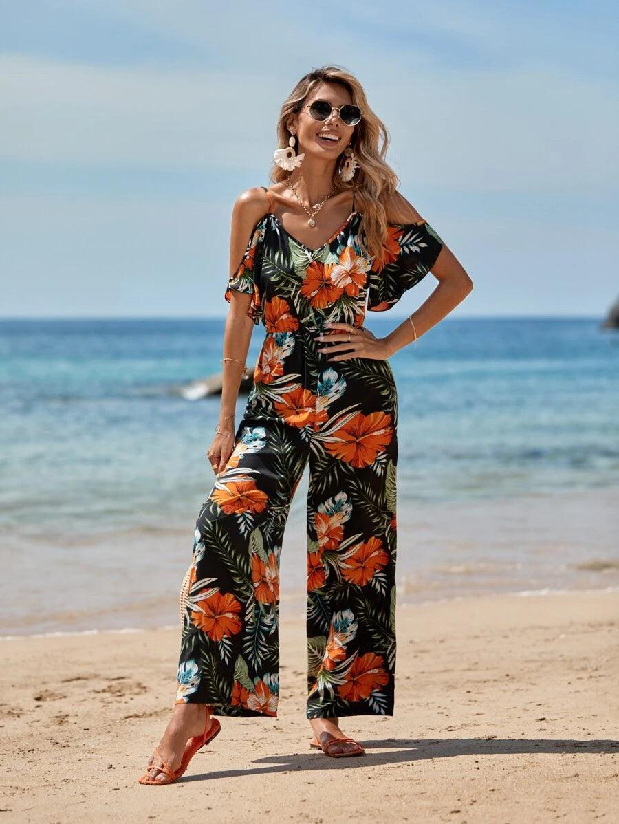 Tropical Print Cold Shoulder Ruffle Jumpsuit-Comfy Jumpsuits