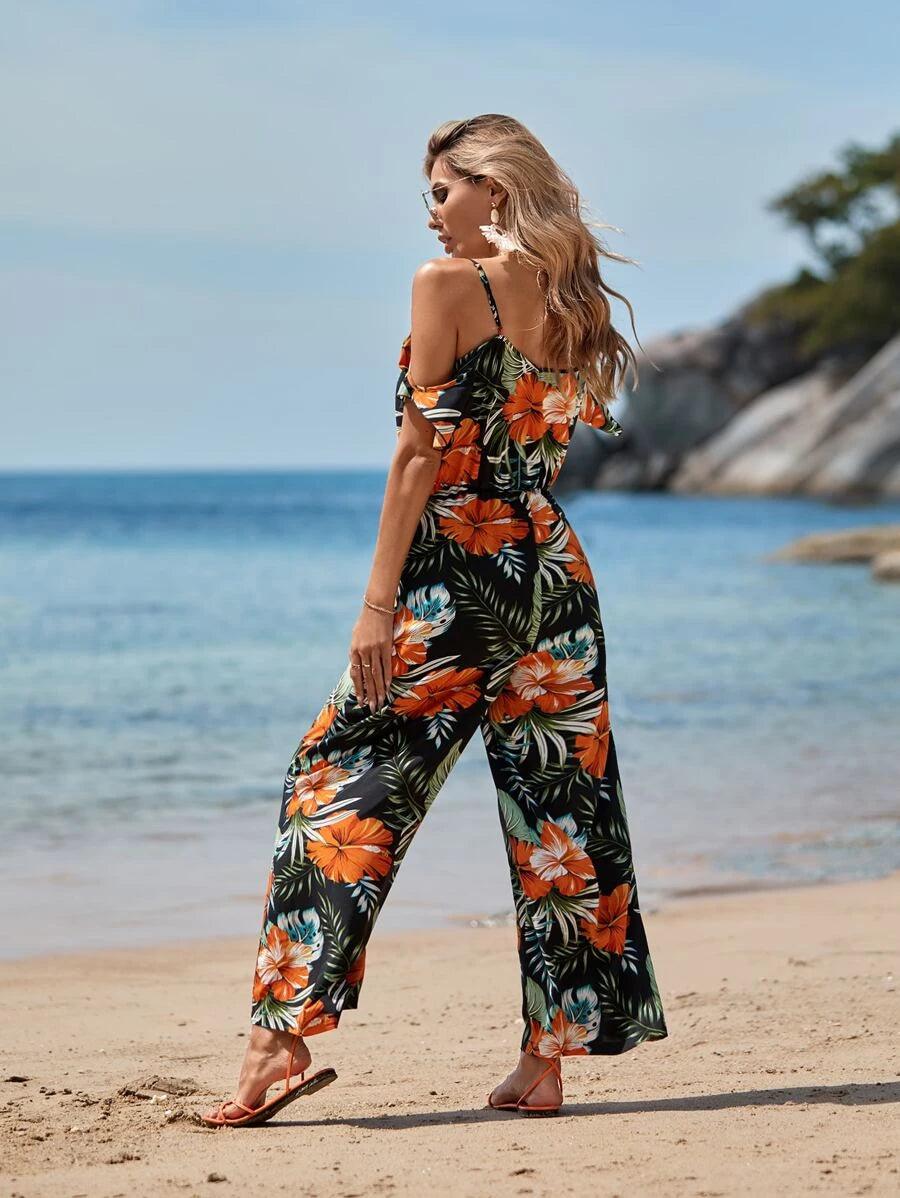 Tropical Print Cold Shoulder Ruffle Jumpsuit-Comfy Jumpsuits
