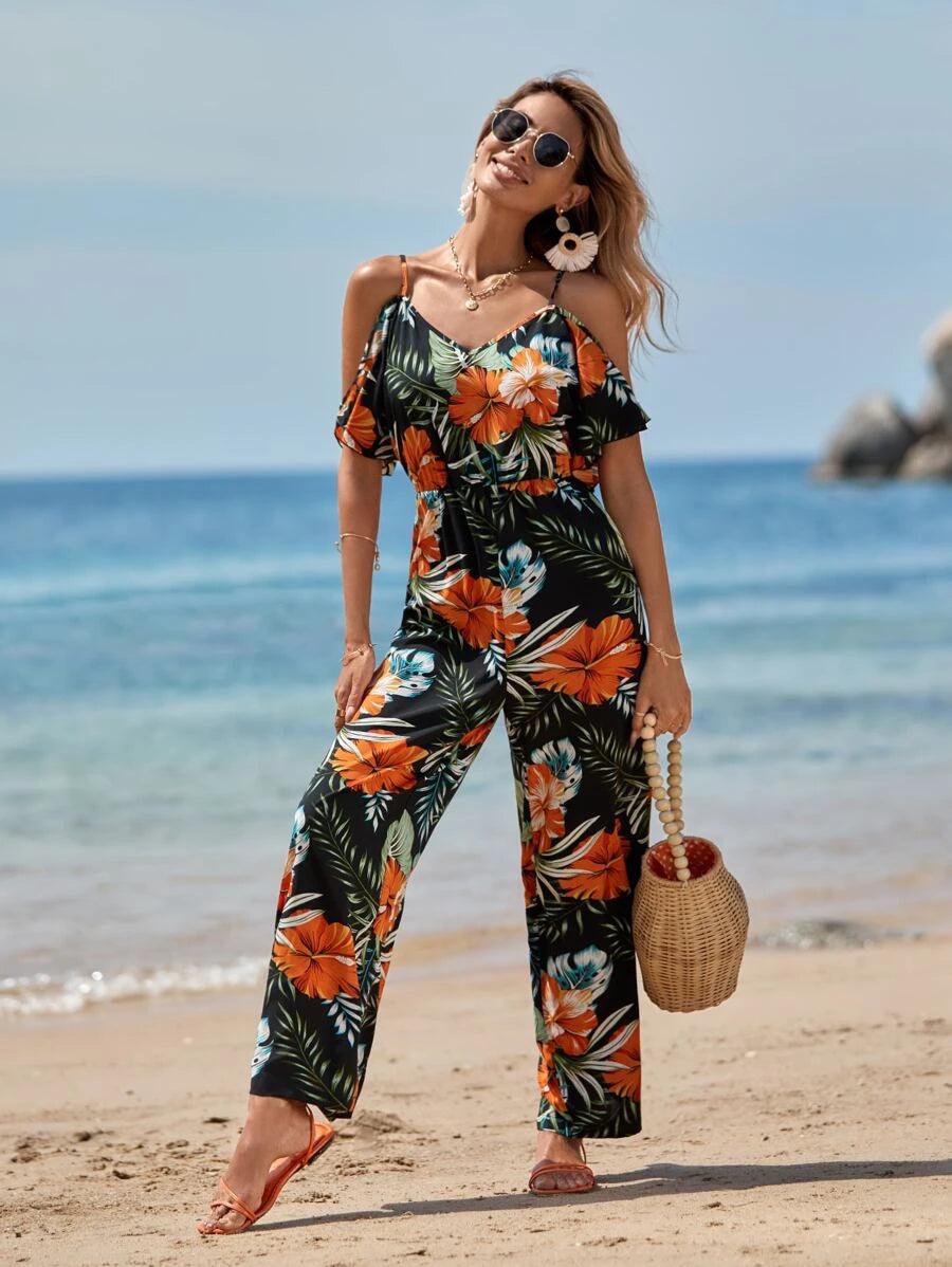 Tropical Print Cold Shoulder Ruffle Jumpsuit-Comfy Jumpsuits