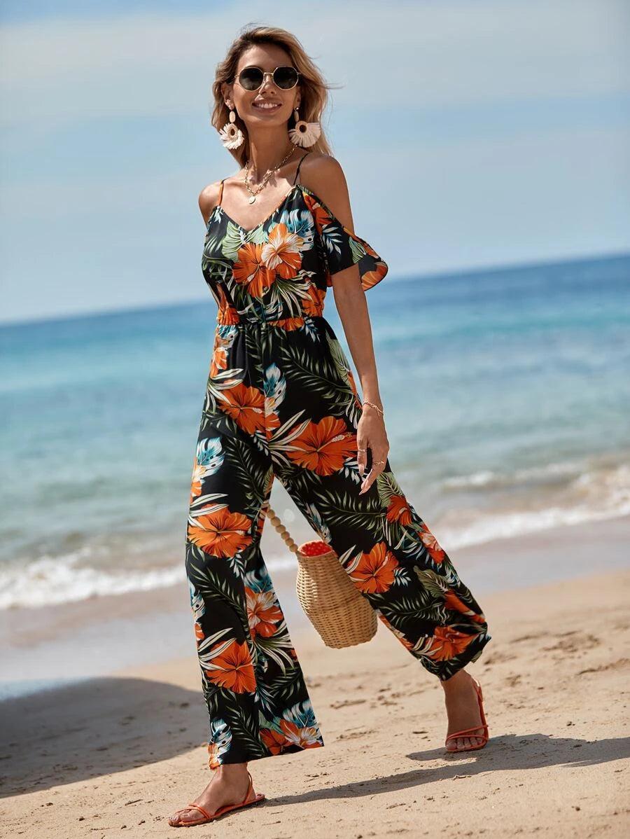 Tropical Print Cold Shoulder Ruffle Jumpsuit-Comfy Jumpsuits
