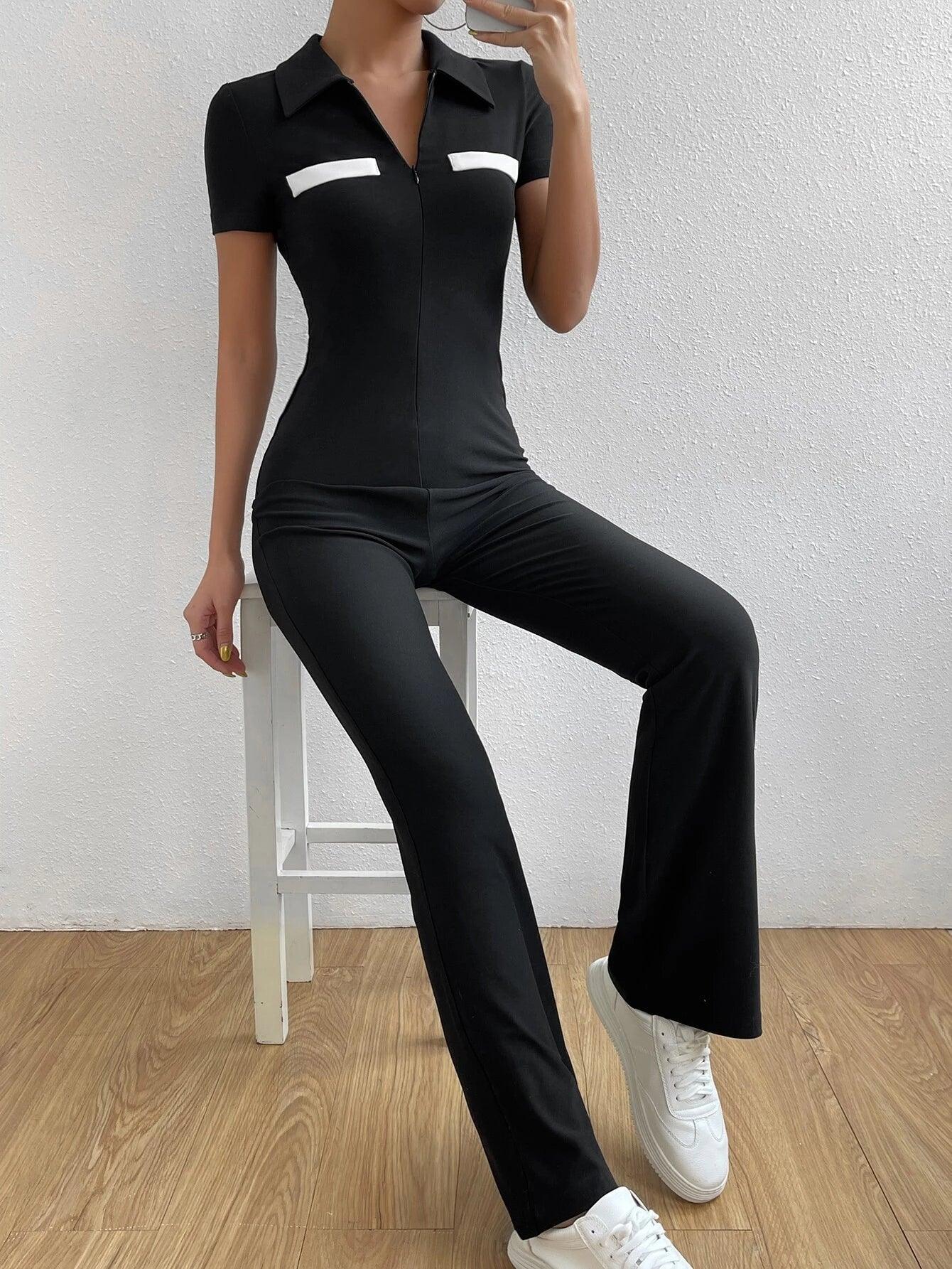 Bikercore Colorblock Zip Front Jumpsuit-Comfy Jumpsuits