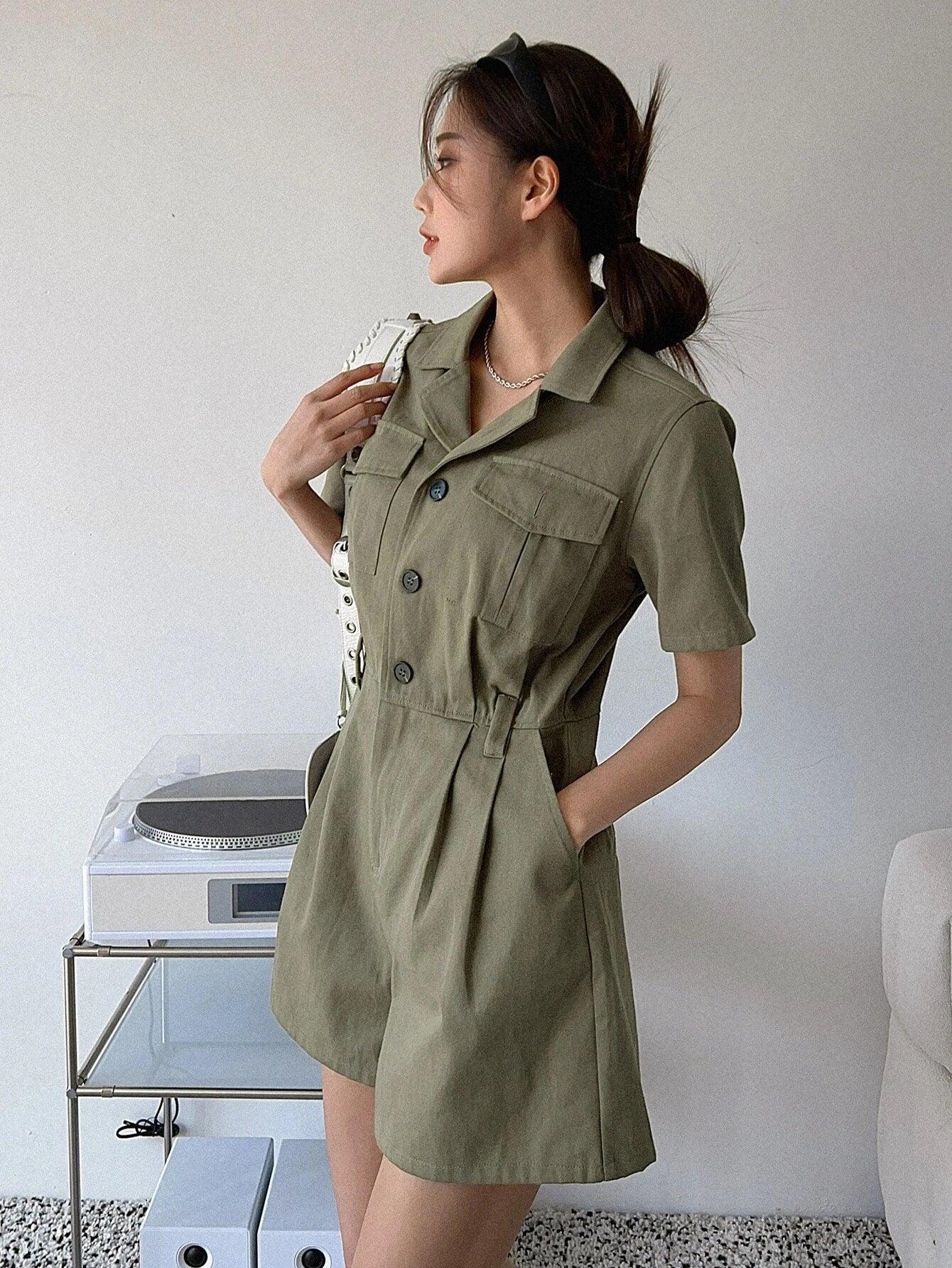 Flap Pocket Shirt Romper-Comfy Jumpsuits