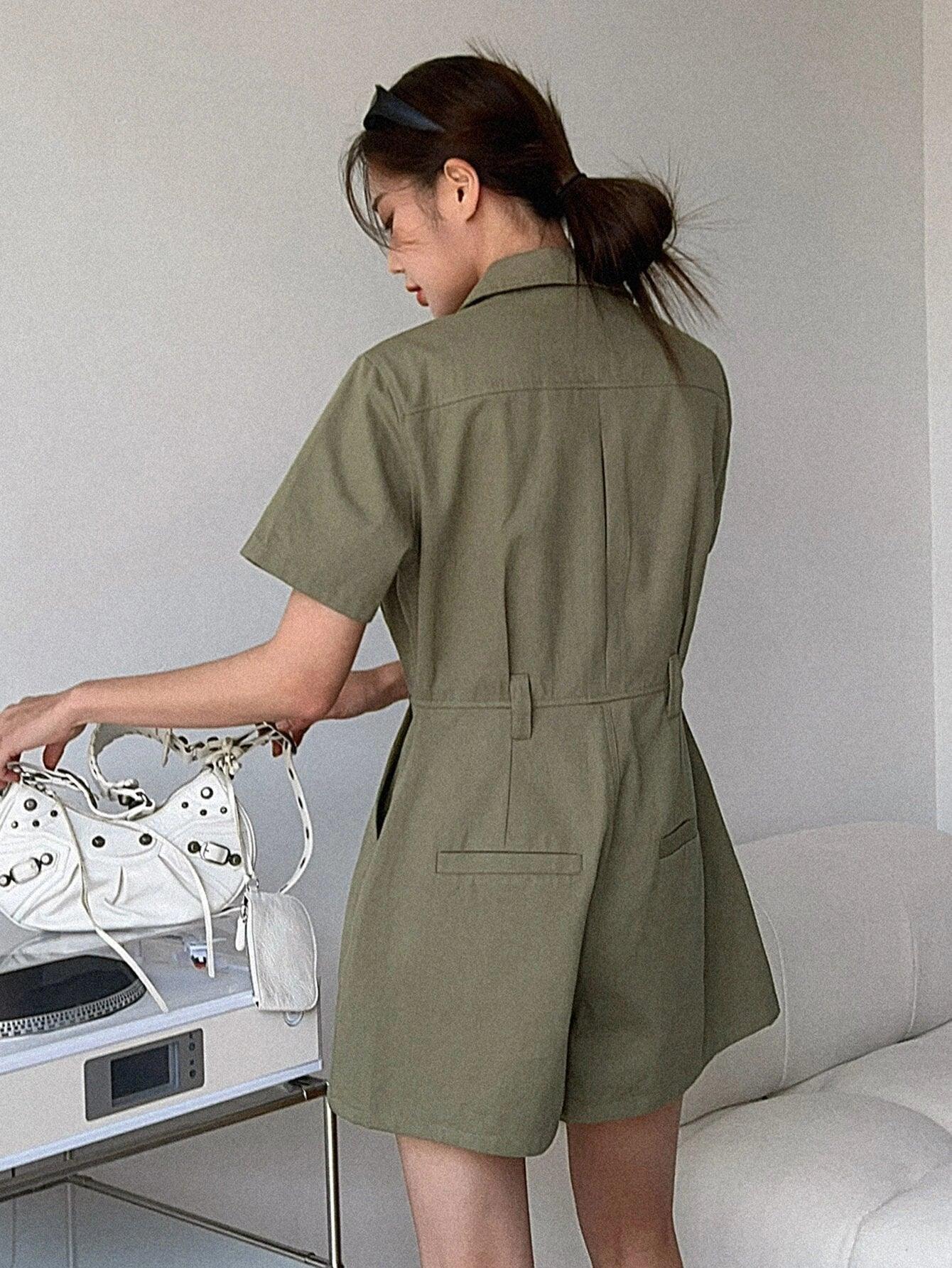 Flap Pocket Shirt Romper-Comfy Jumpsuits