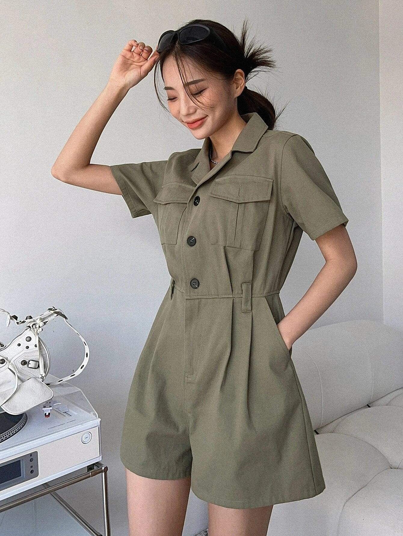 Flap Pocket Shirt Romper-Comfy Jumpsuits