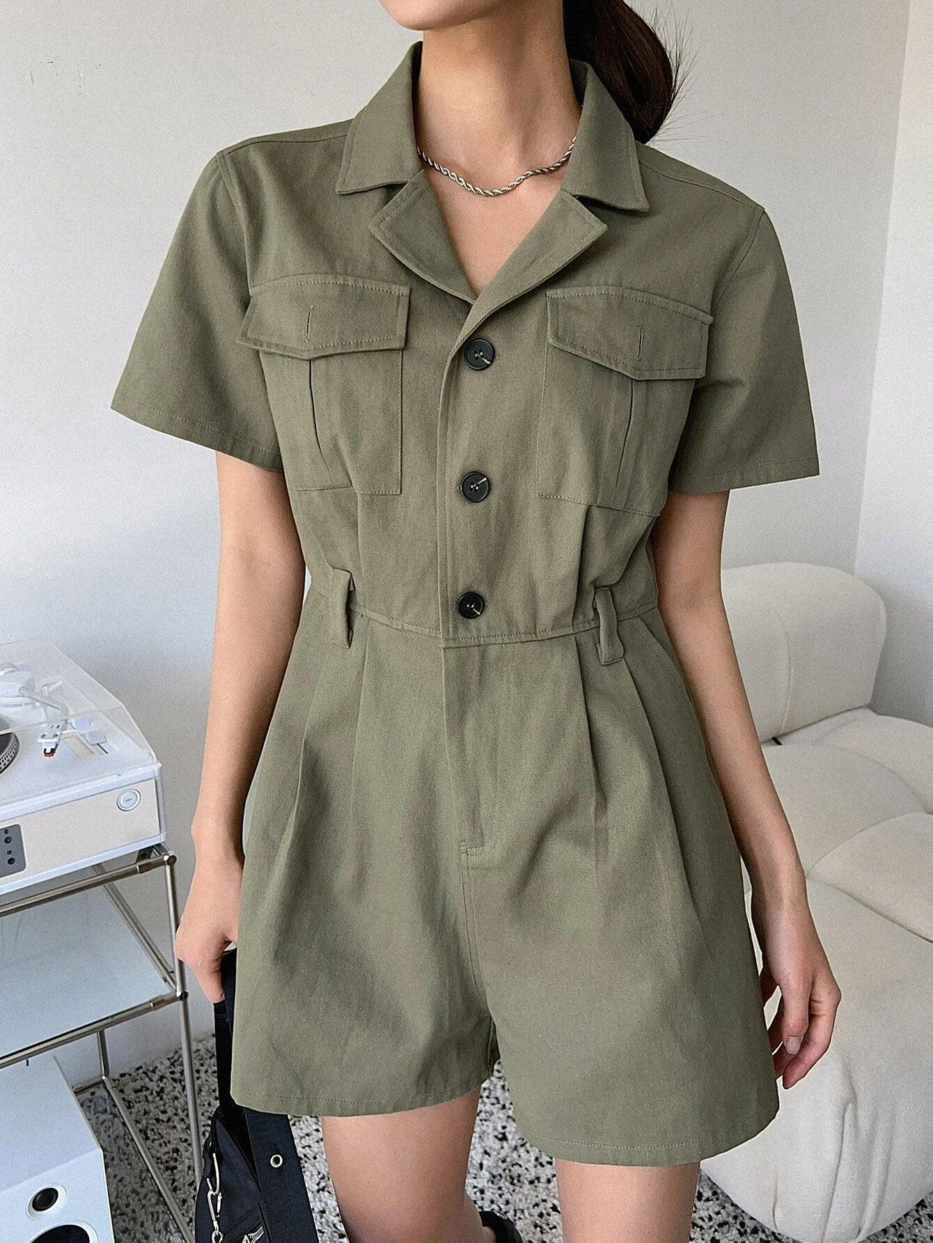 Flap Pocket Shirt Romper-Comfy Jumpsuits