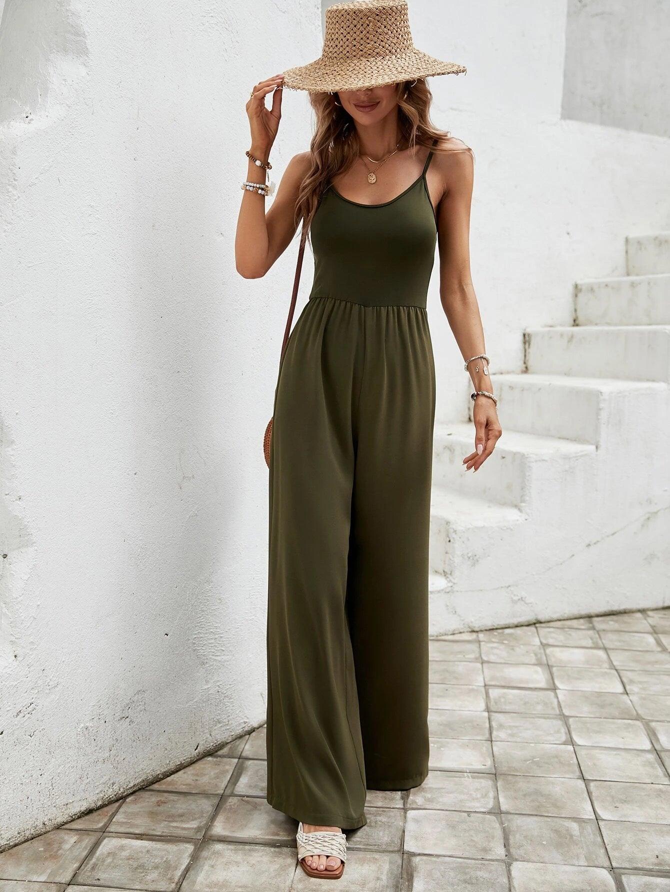 Solid Colored Wide Leg Cami Jumpsuit-Comfy Jumpsuits