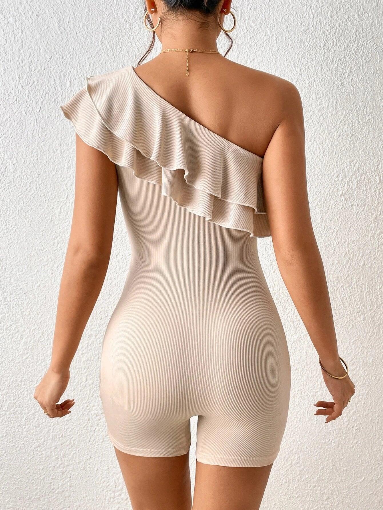 One Shoulder Ruffle Trimmed Unitard Romper-Comfy Jumpsuits