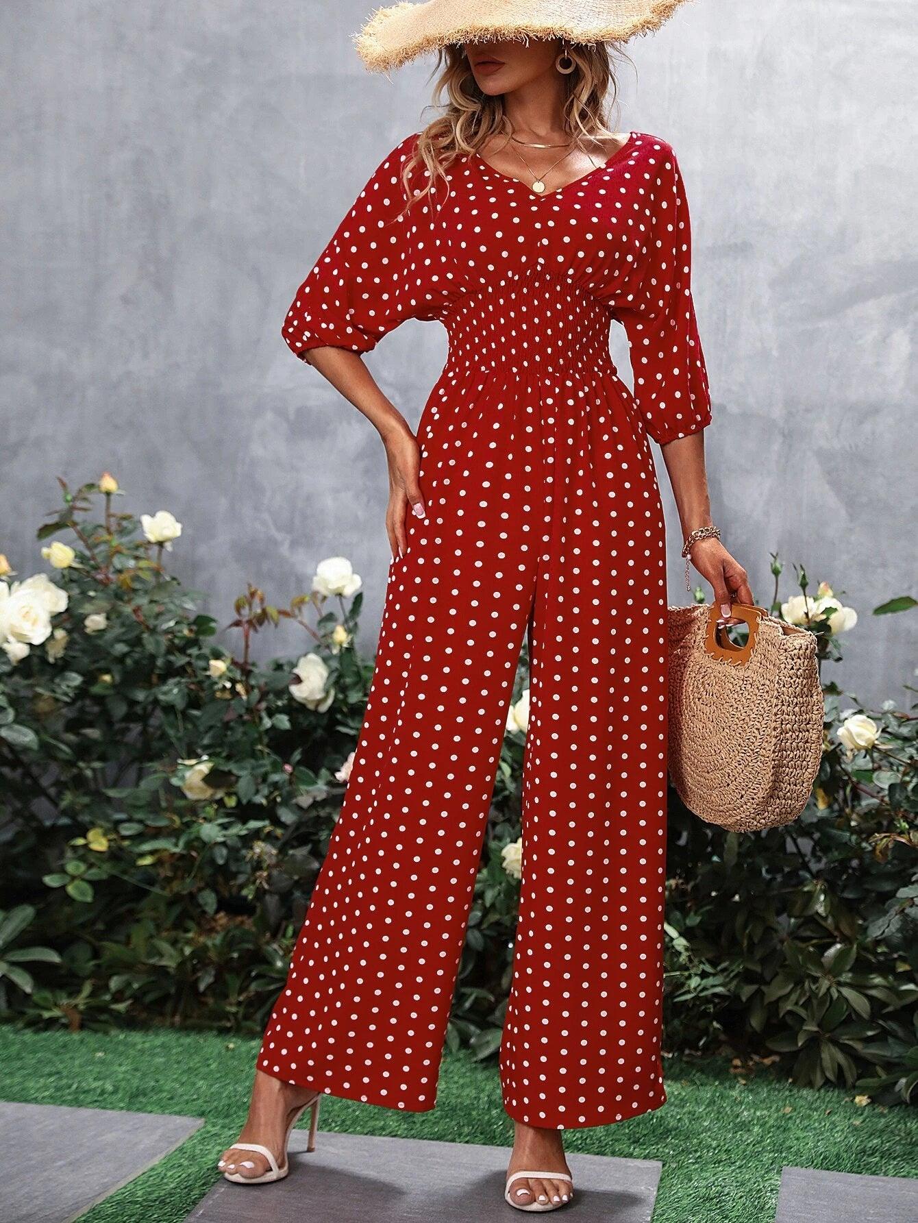 Polka Dot V Neck Jumpsuit-Comfy Jumpsuits