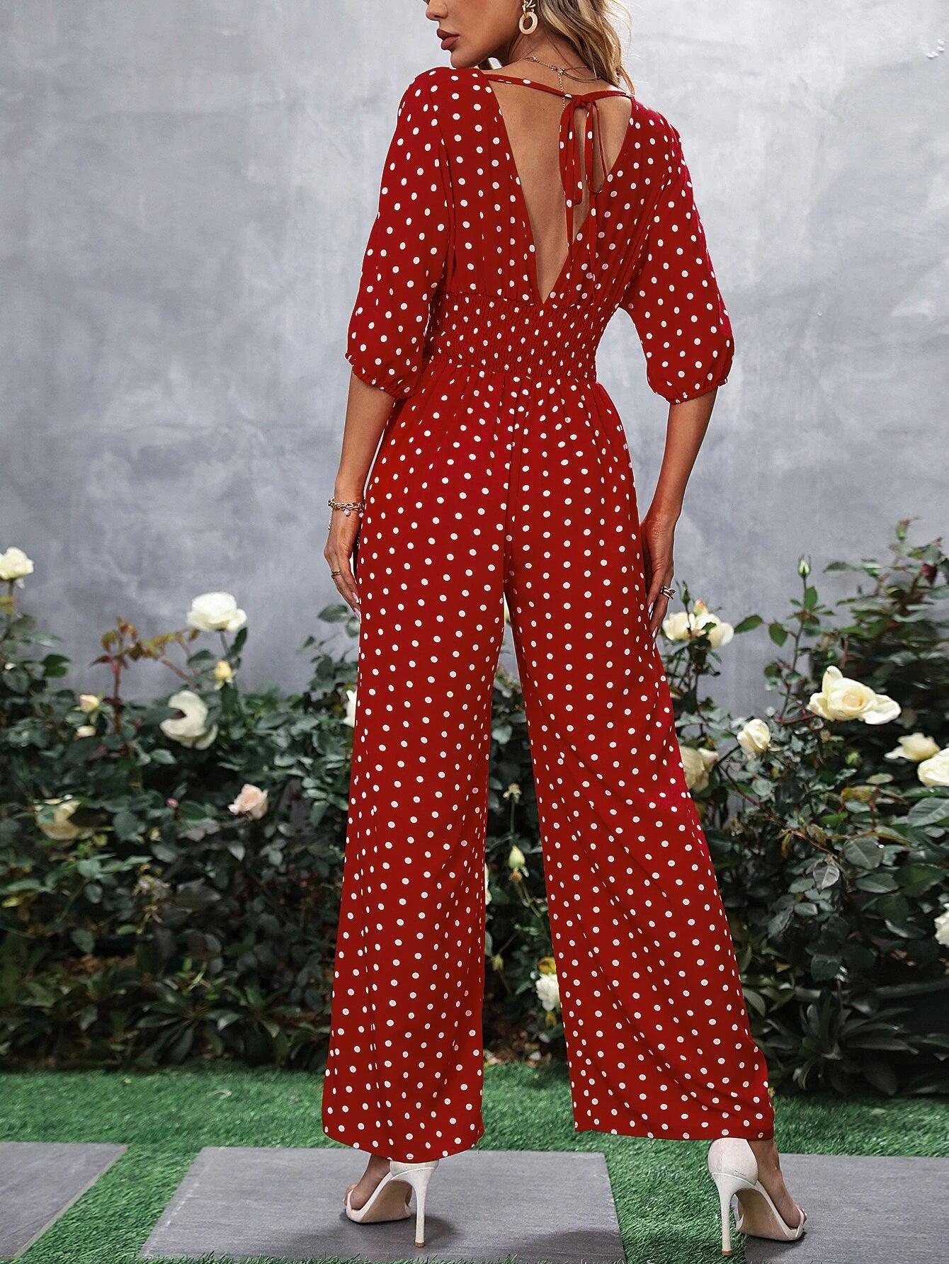 Polka Dot V Neck Jumpsuit-Comfy Jumpsuits