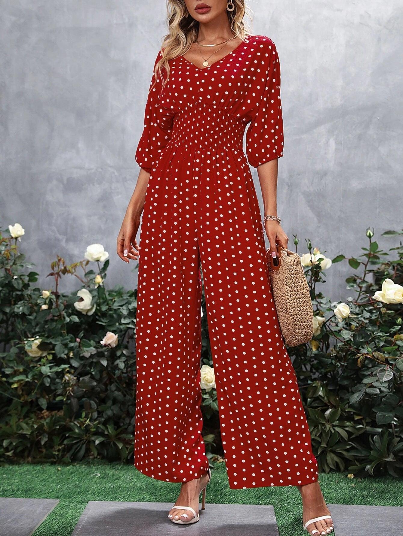 Polka Dot V Neck Jumpsuit-Comfy Jumpsuits