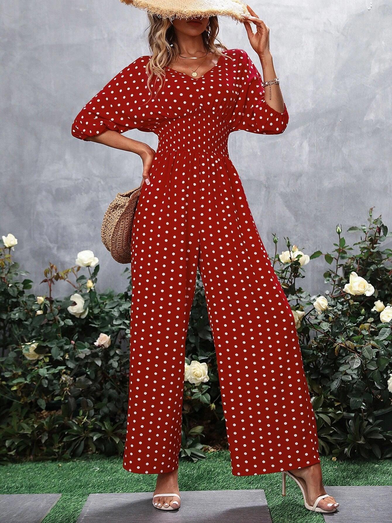 Polka Dot V Neck Jumpsuit-Comfy Jumpsuits