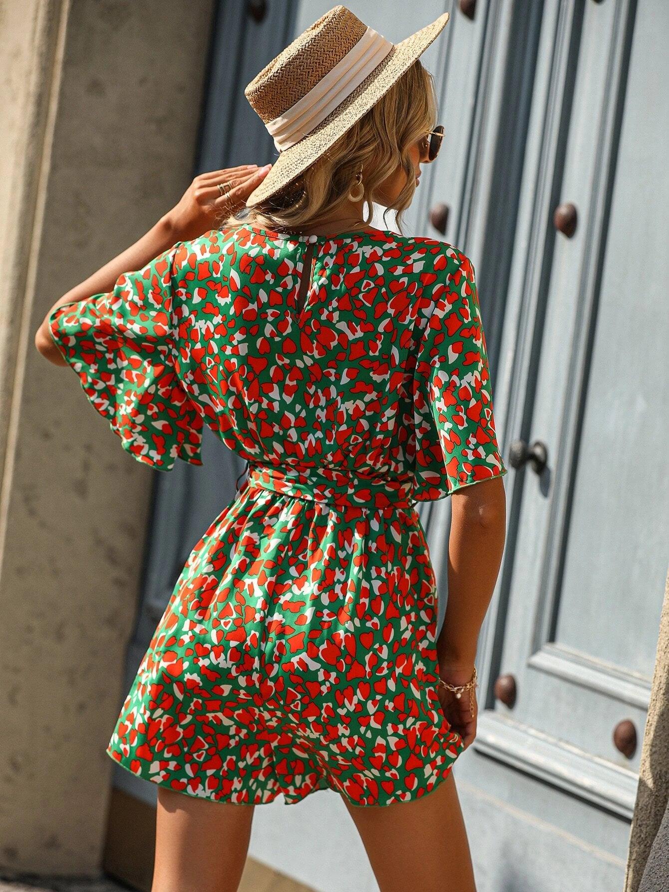 Allover Print Short Sleeve Belted Romper-Comfy Jumpsuits