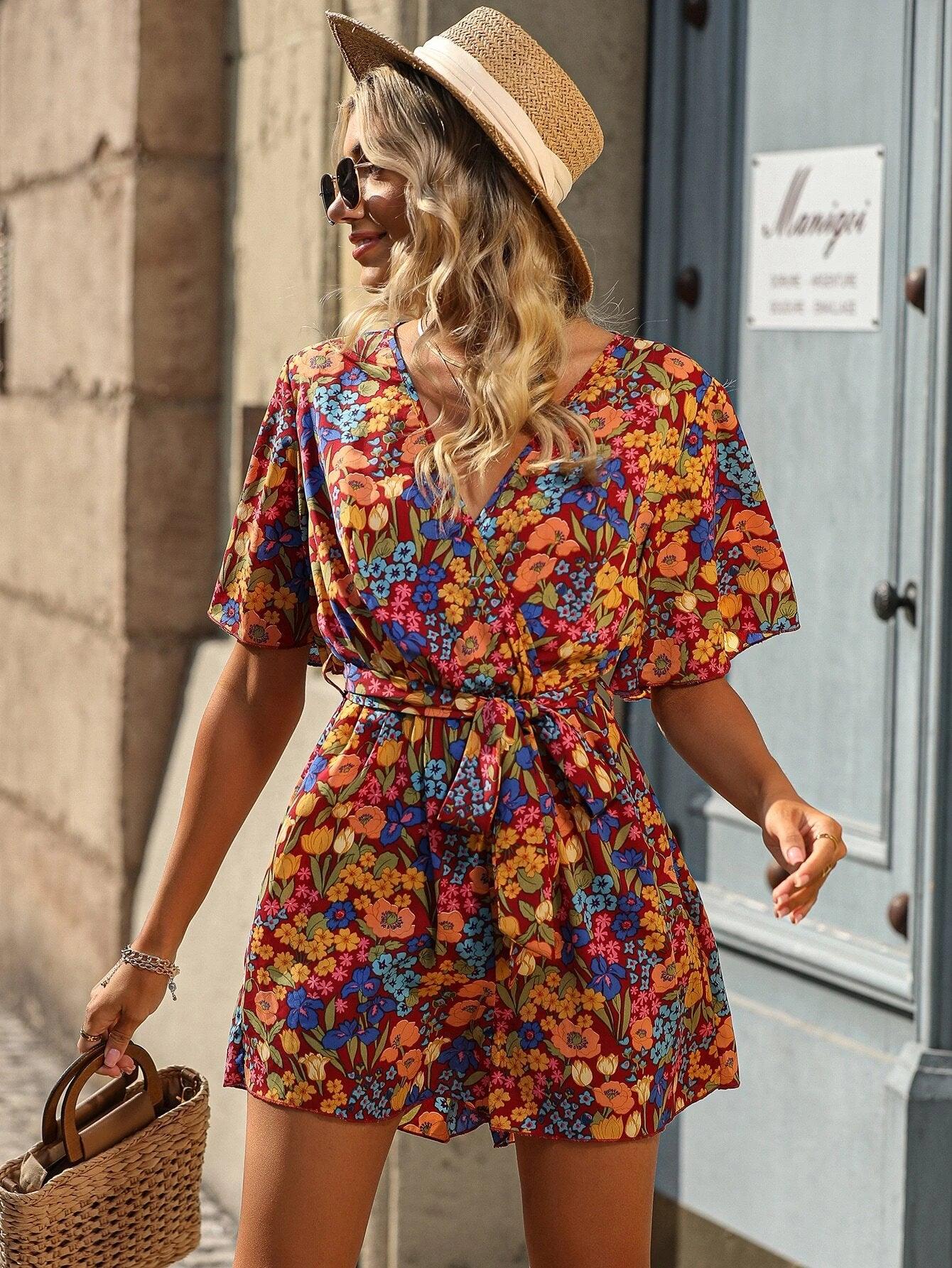 Floral Print Short Sleeve Belted Romper-Comfy Jumpsuits