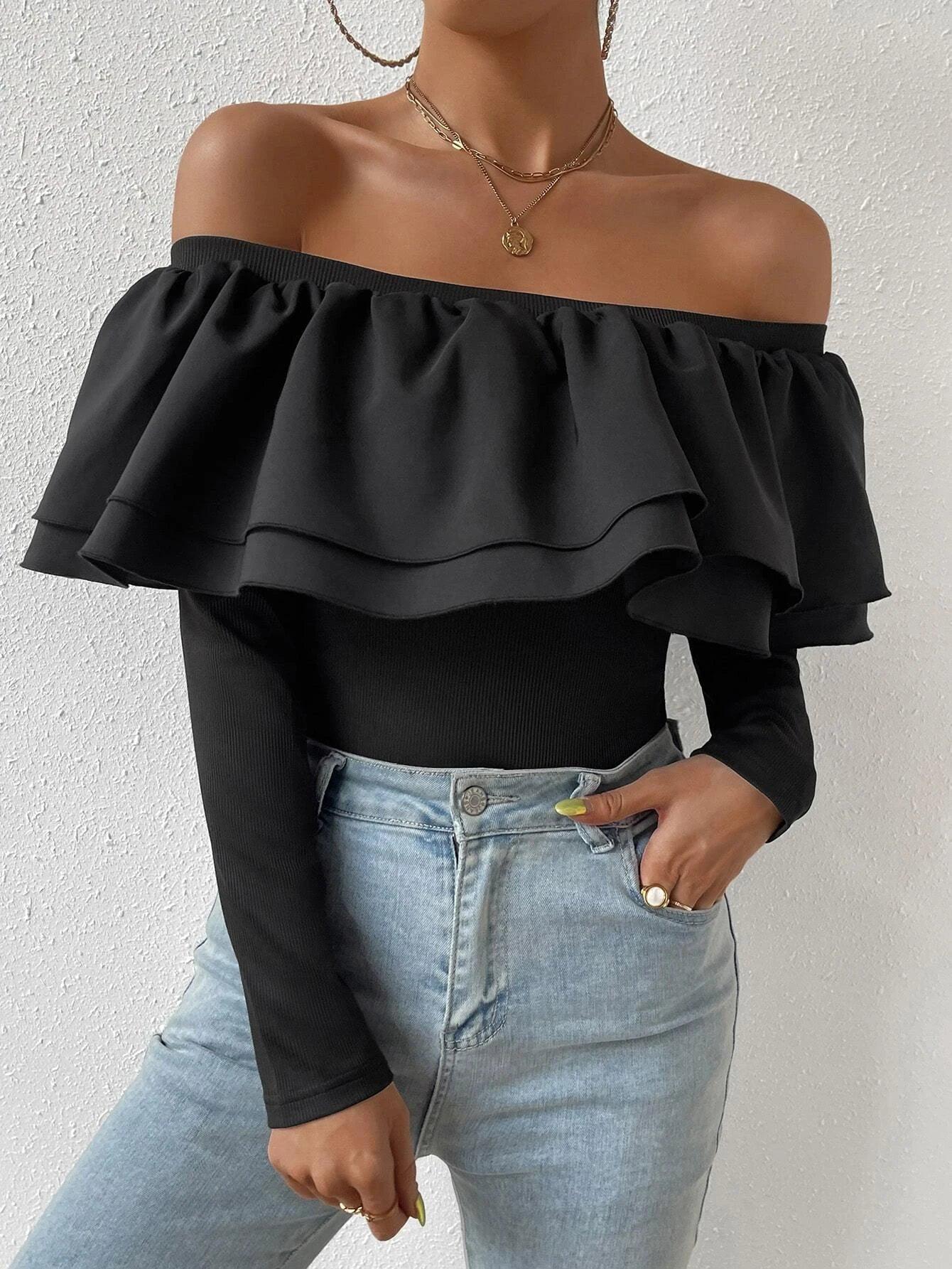 Off Shoulder Ruffle Bodysuit-Comfy Jumpsuits