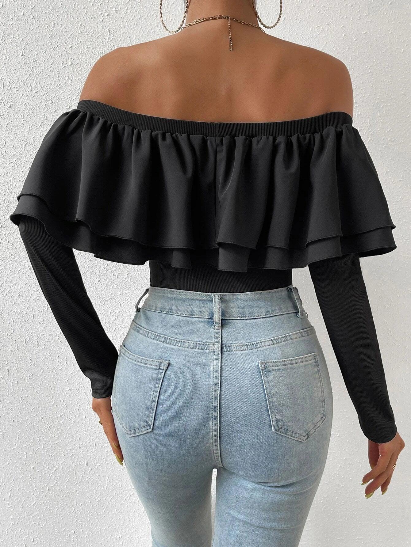 Off Shoulder Ruffle Bodysuit-Comfy Jumpsuits