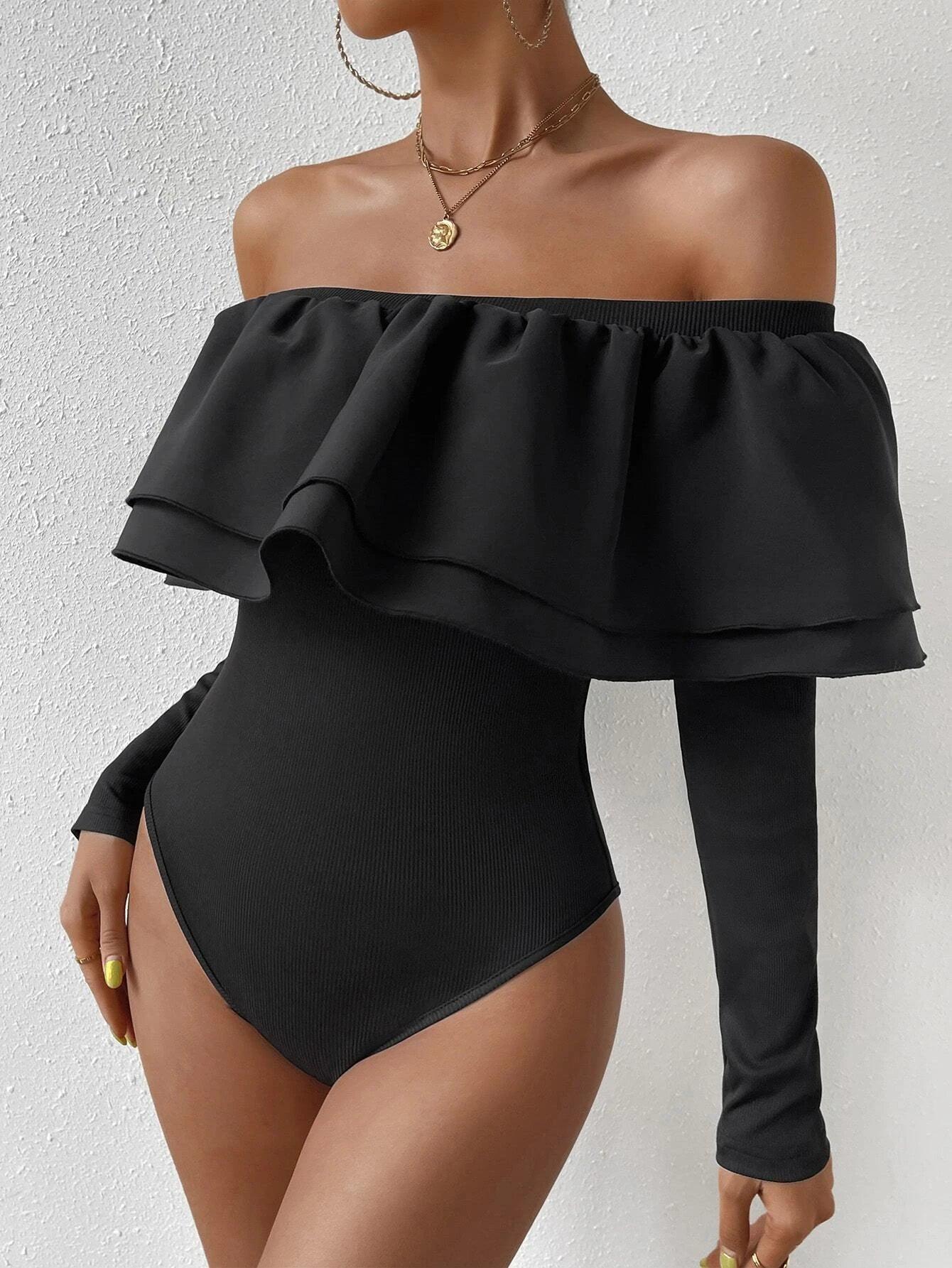 Off Shoulder Ruffle Bodysuit-Comfy Jumpsuits